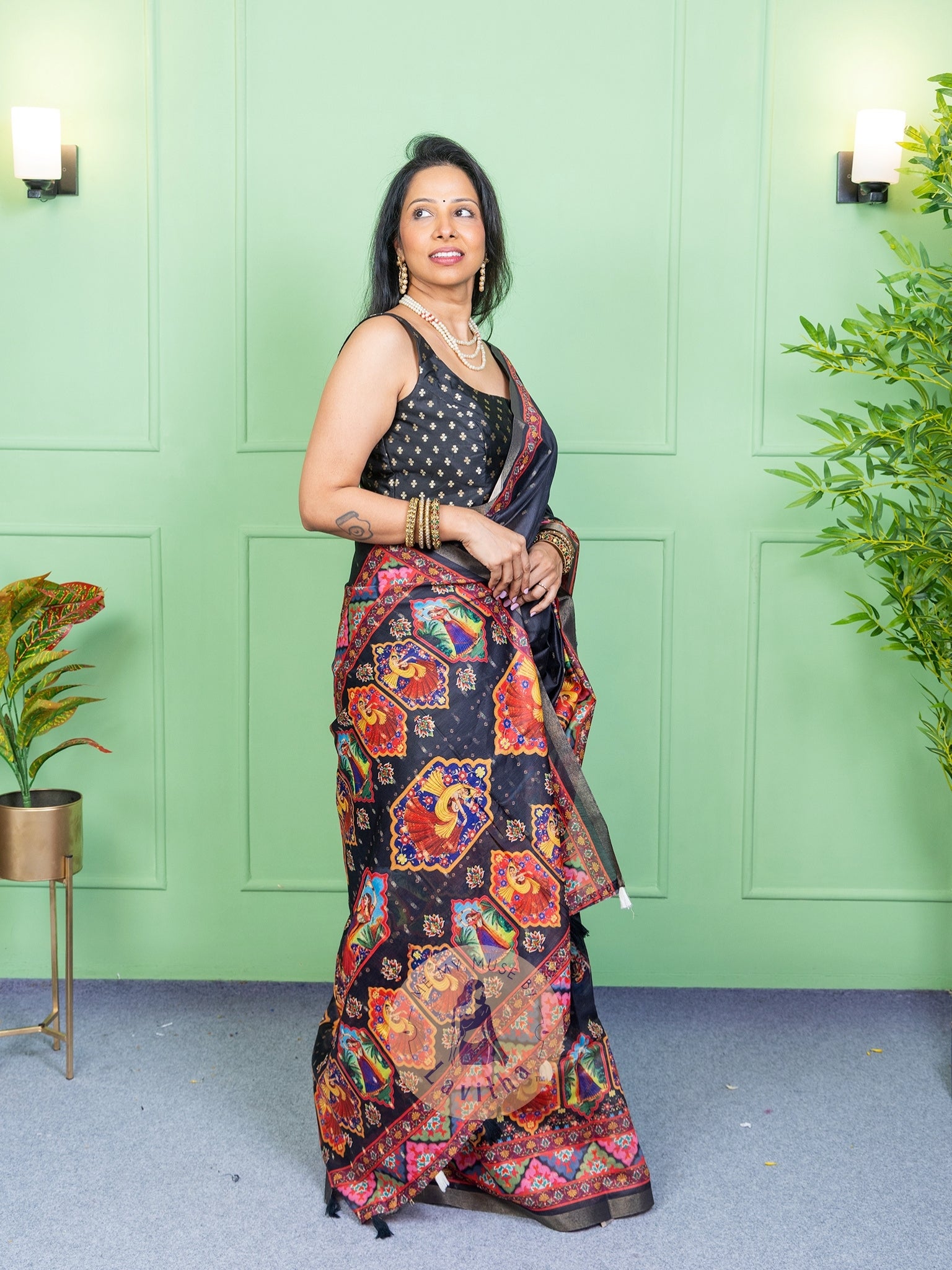 Our muse in a Black Chanderi Cotton saree with ready-to-wear Black Silk Butti Padded Blouse exclusively available on Me My Muse by Lavitha