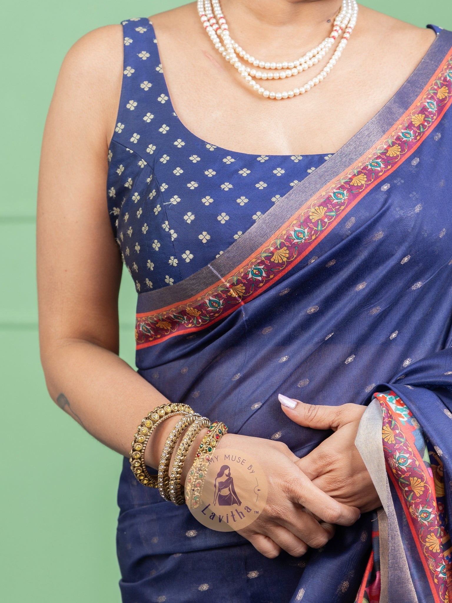 Our muse in a Blue Chanderi Cotton saree with ready-to-wear Blue Silk Butti Padded Blouse exclusively available on Me My Muse by Lavitha