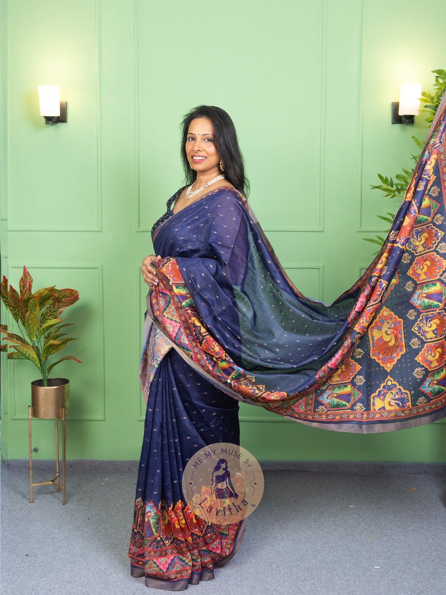 Our muse in a Blue Chanderi Cotton saree with ready-to-wear Blue Silk Butti Padded Blouse exclusively available on Me My Muse by Lavitha