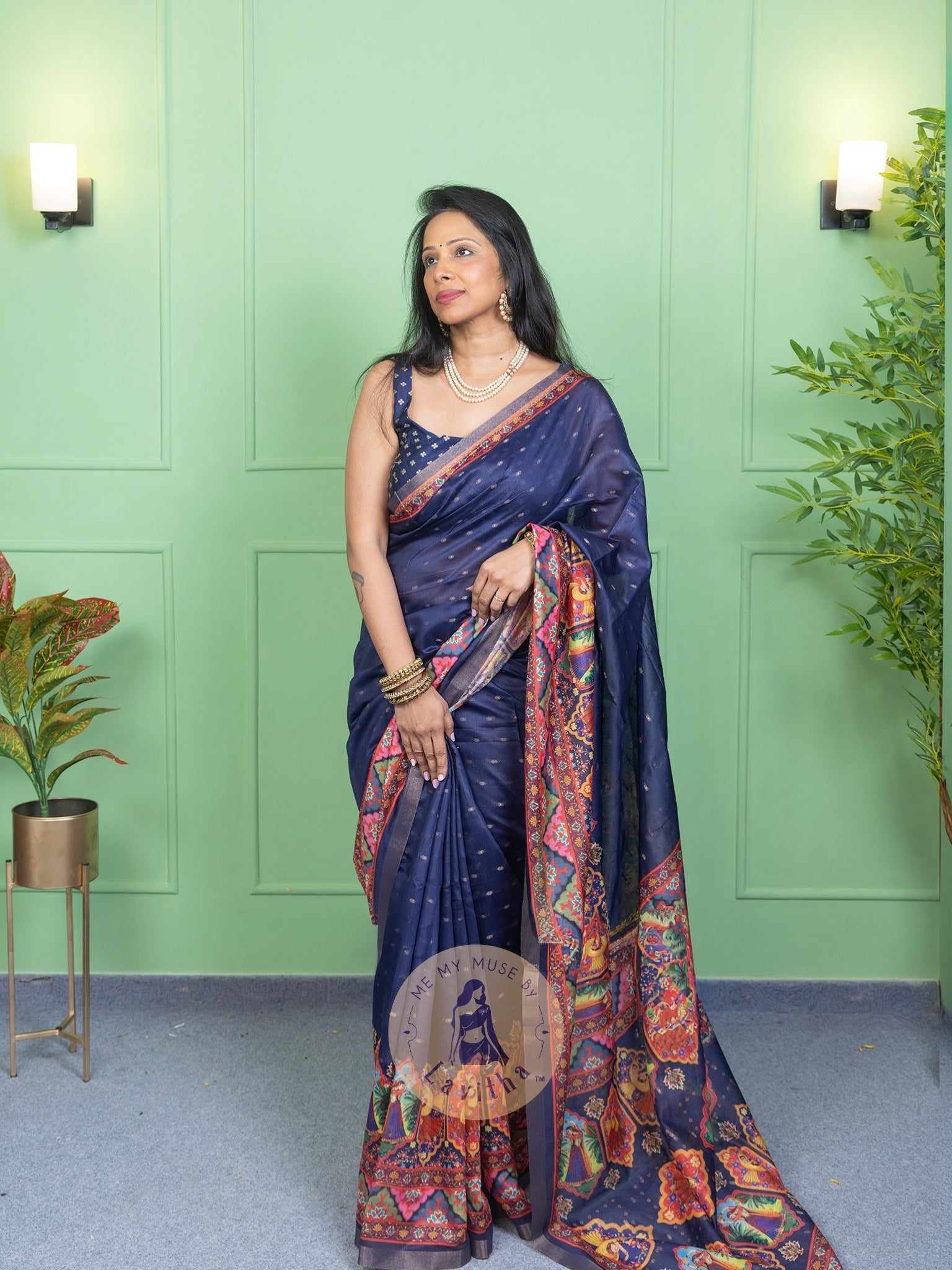 Our muse in a Blue Chanderi Cotton saree with ready-to-wear Blue Silk Butti Padded Blouse exclusively available on Me My Muse by Lavitha