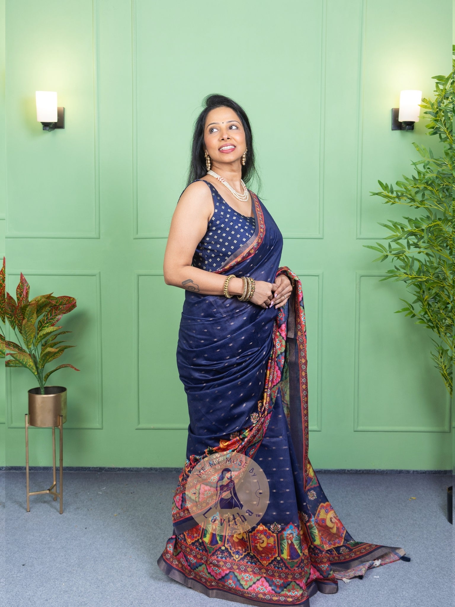 Our muse in a Blue Chanderi Cotton saree with ready-to-wear Blue Silk Butti Padded Blouse exclusively available on Me My Muse by Lavitha