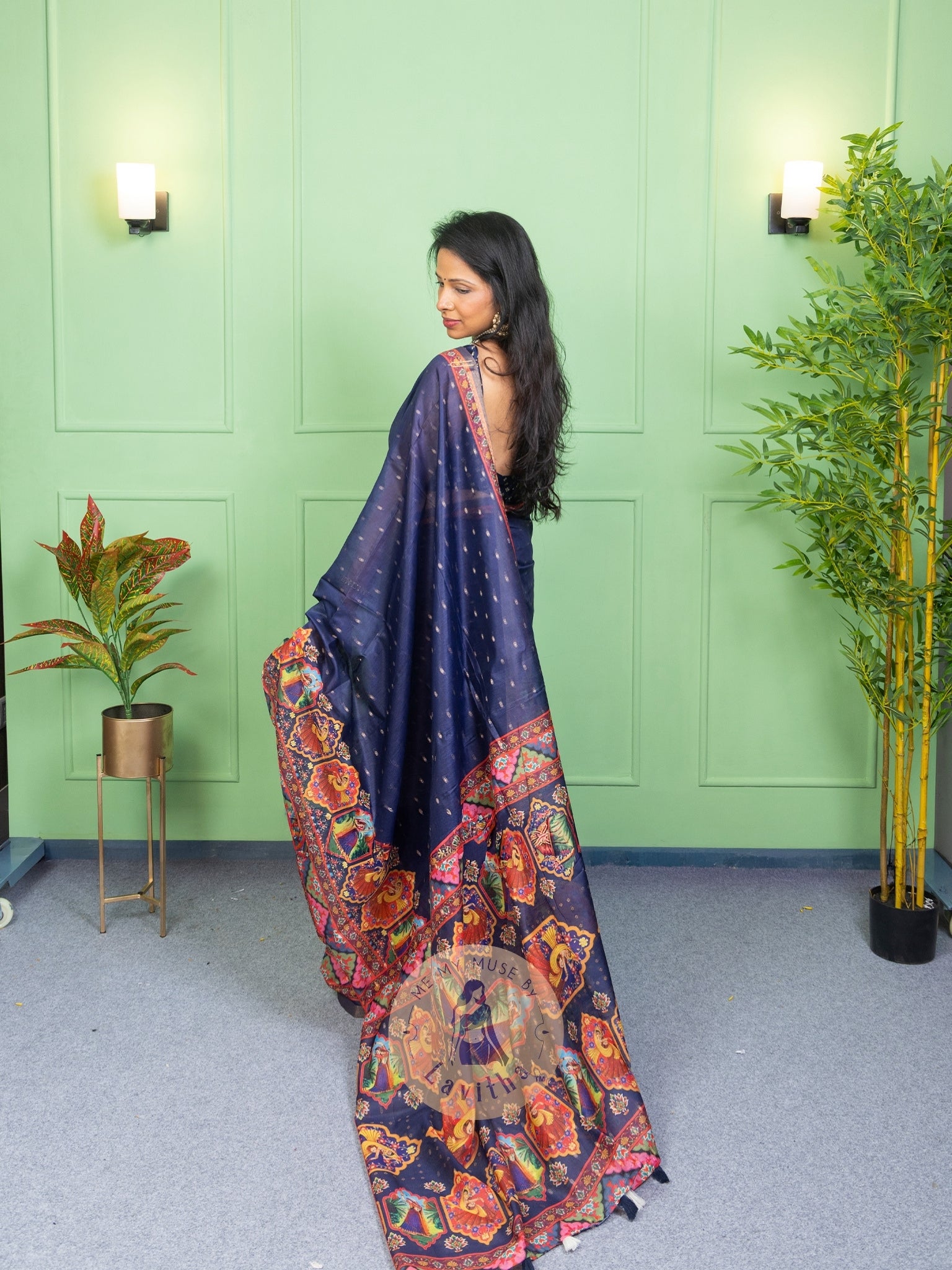 Our muse in a Blue Chanderi Cotton saree with ready-to-wear Blue Silk Butti Padded Blouse exclusively available on Me My Muse by Lavitha