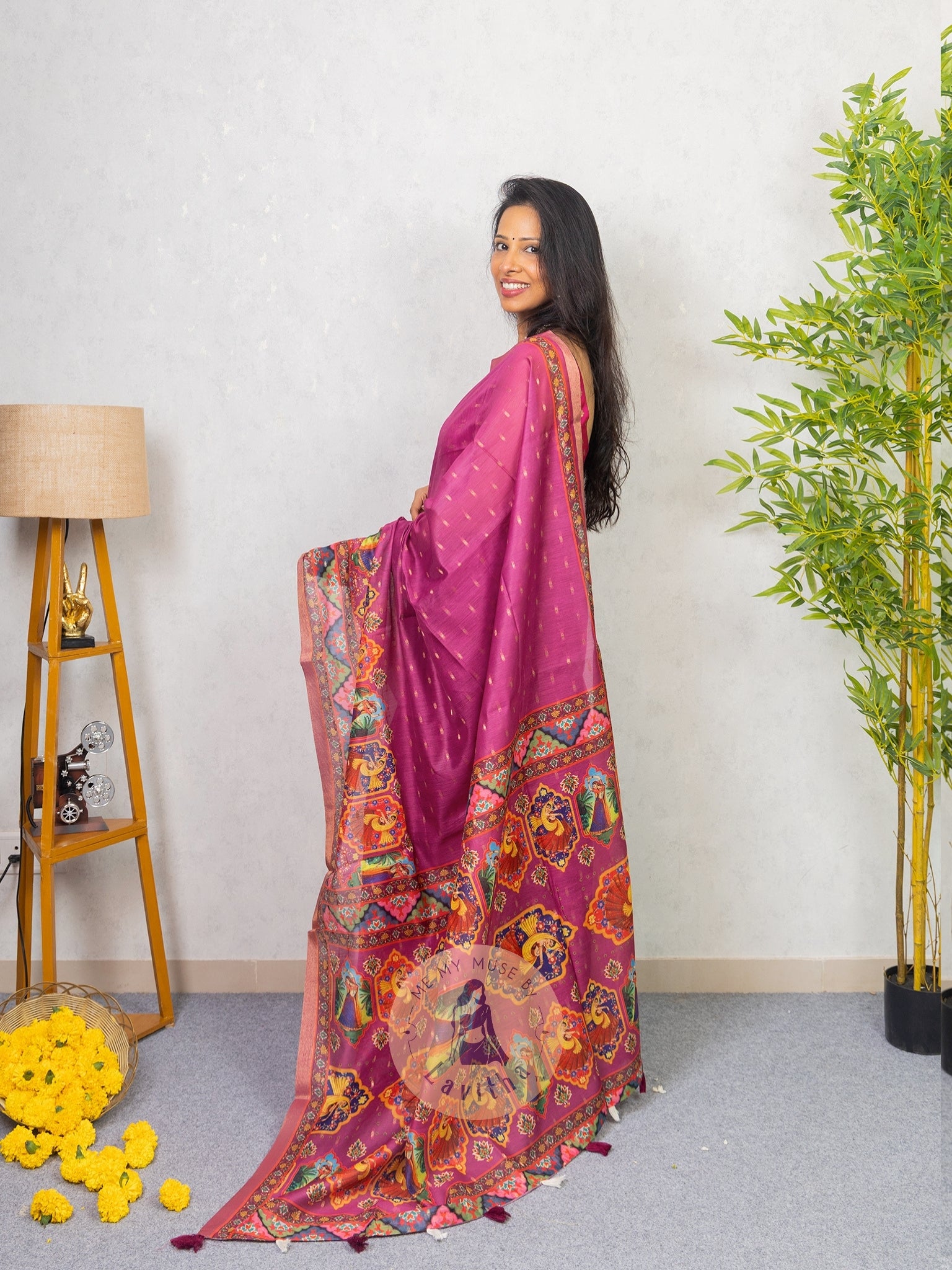 Our muse in a Mauve Chanderi Cotton saree with ready-to-wear Mauve Silk Butti Padded Blouse exclusively available on Me My Muse by Lavitha