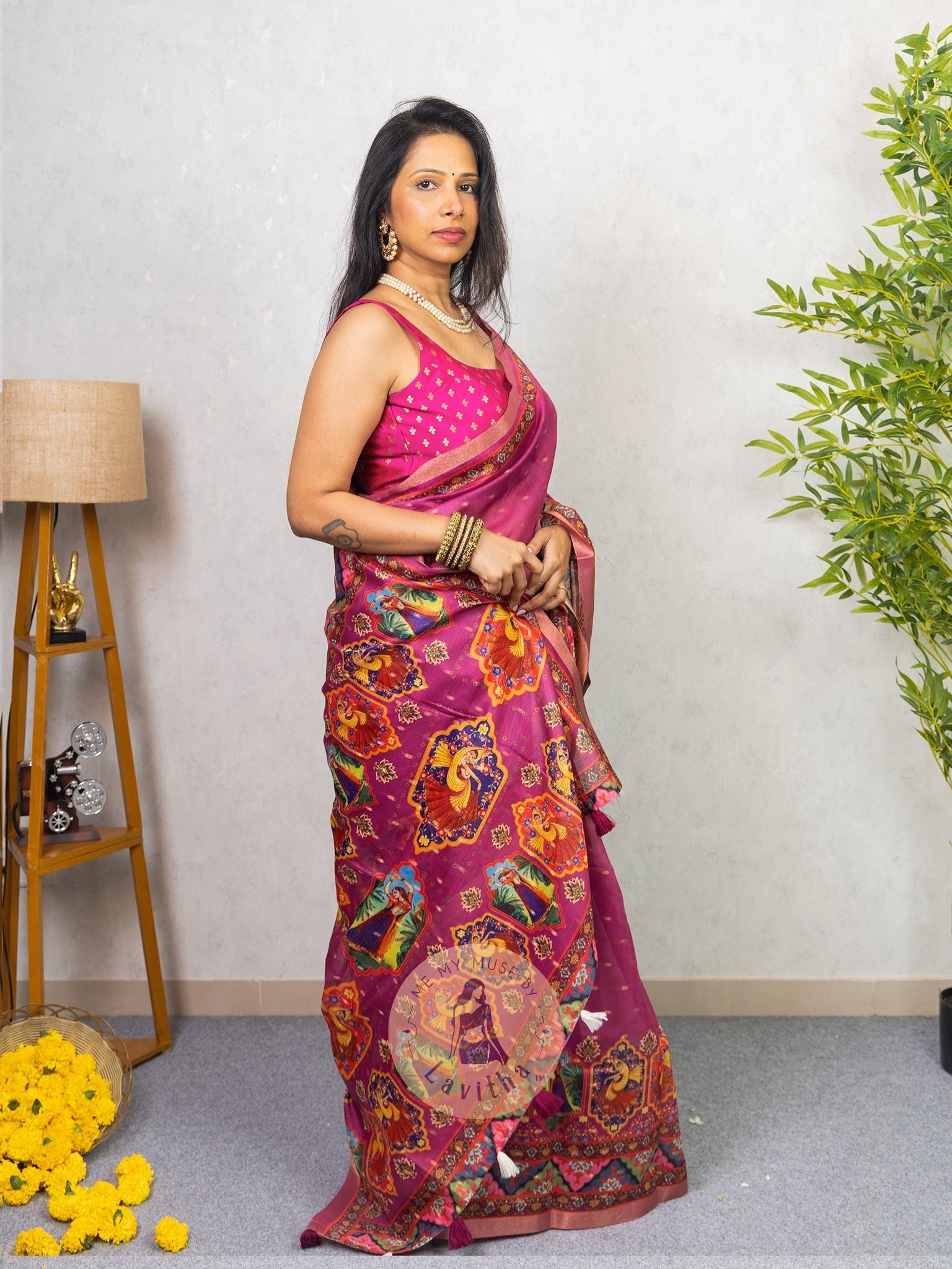 Our muse in a Mauve Chanderi Cotton saree with ready-to-wear Mauve Silk Butti Padded Blouse exclusively available on Me My Muse by Lavitha