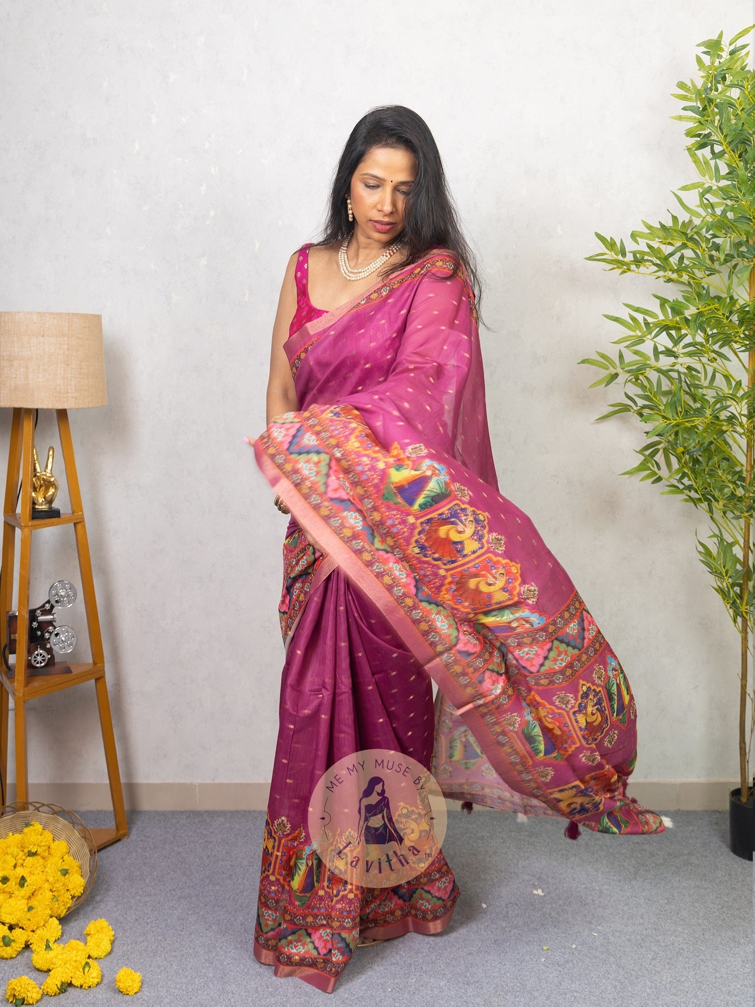 Our muse in a Mauve Chanderi Cotton saree with ready-to-wear Mauve Silk Butti Padded Blouse exclusively available on Me My Muse by Lavitha