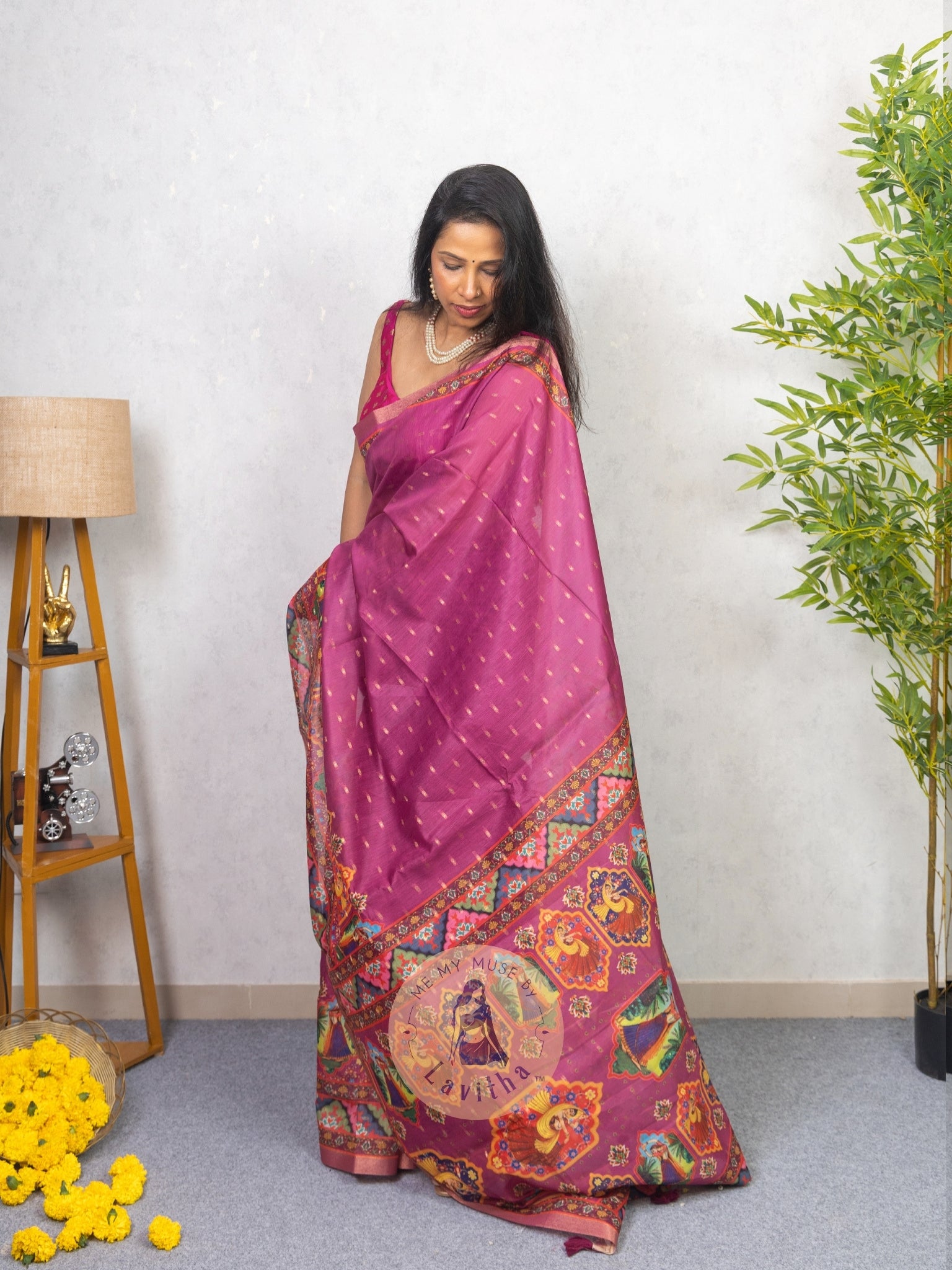 Our muse in a Mauve Chanderi Cotton saree with ready-to-wear Mauve Silk Butti Padded Blouse exclusively available on Me My Muse by Lavitha