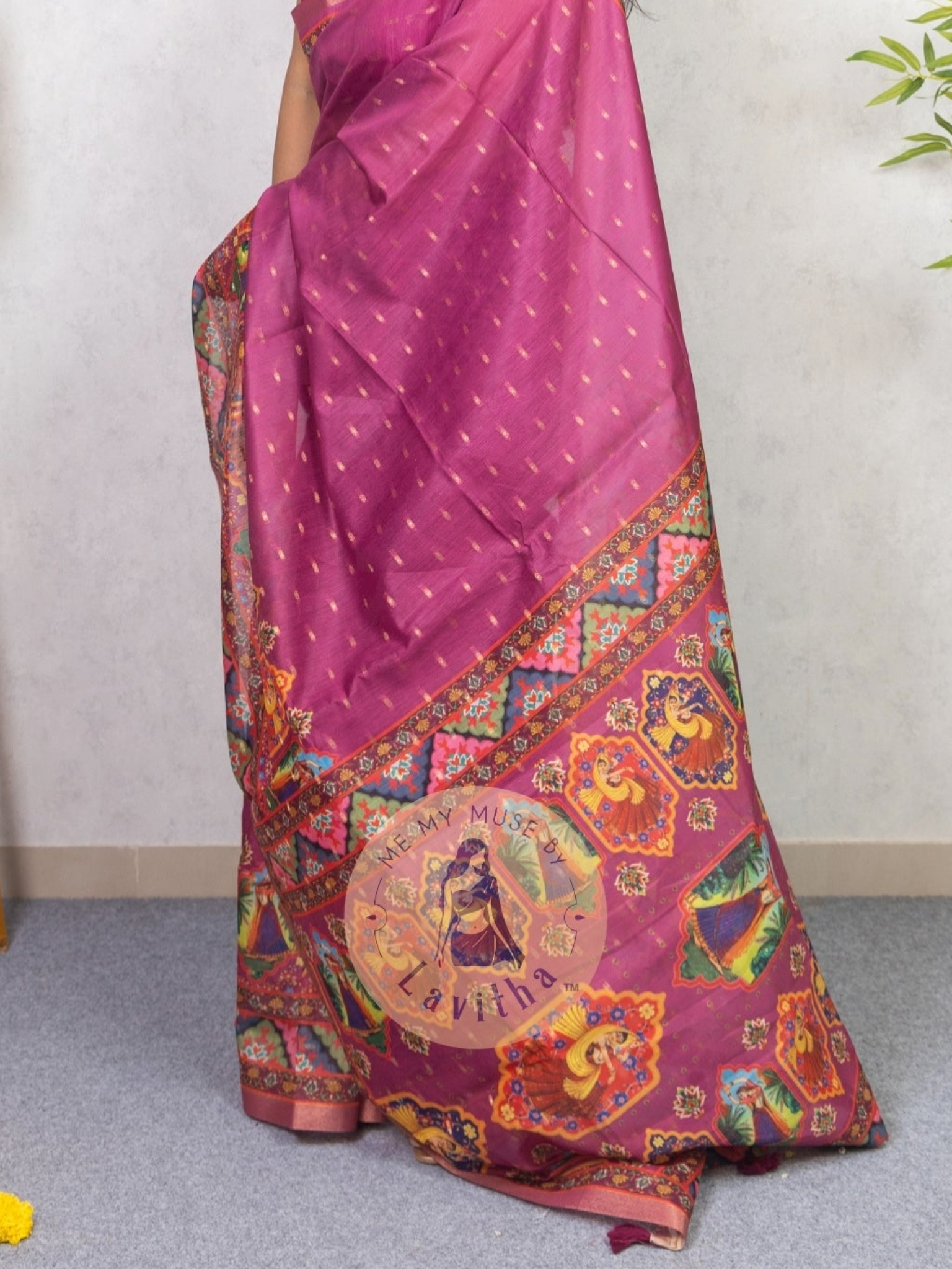 Our muse in a Mauve Chanderi Cotton saree with ready-to-wear Mauve Silk Butti Padded Blouse exclusively available on Me My Muse by Lavitha