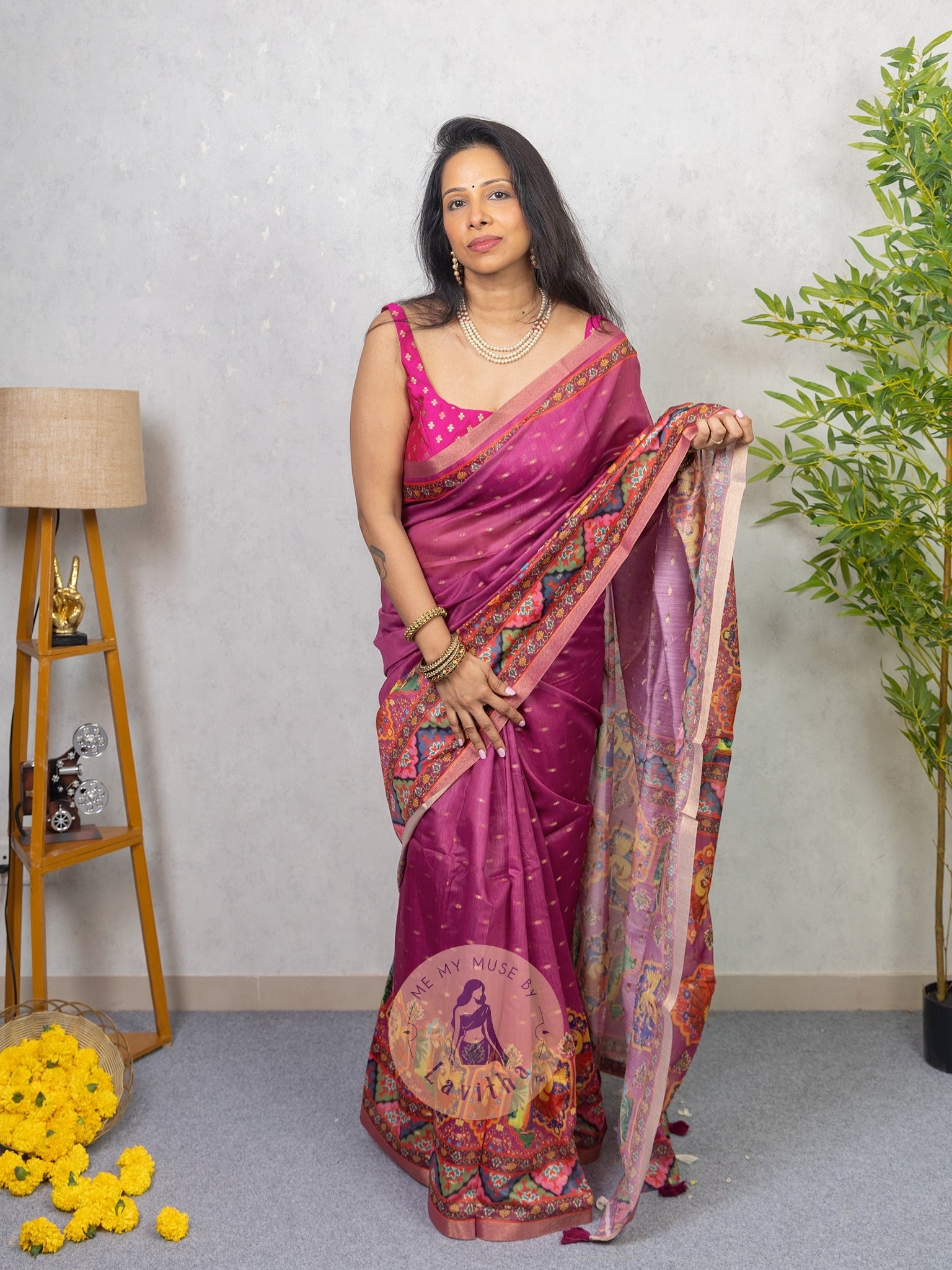 Our muse in a Mauve Chanderi Cotton saree with ready-to-wear Mauve Silk Butti Padded Blouse exclusively available on Me My Muse by Lavitha
