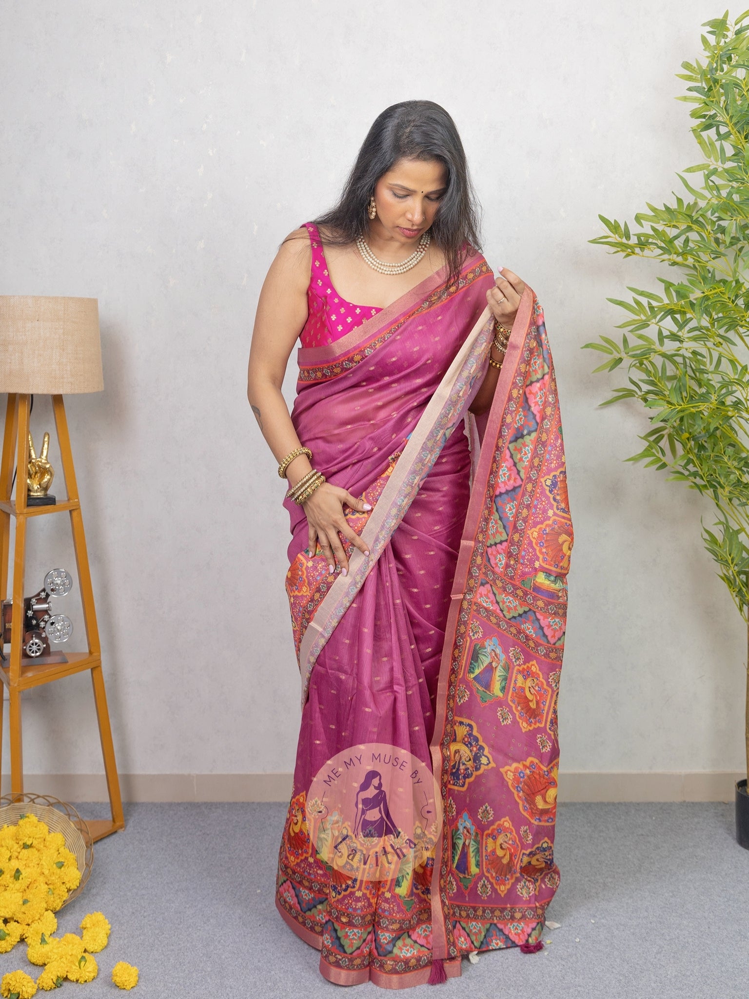 Our muse in a Mauve Chanderi Cotton saree with ready-to-wear Mauve Silk Butti Padded Blouse exclusively available on Me My Muse by Lavitha