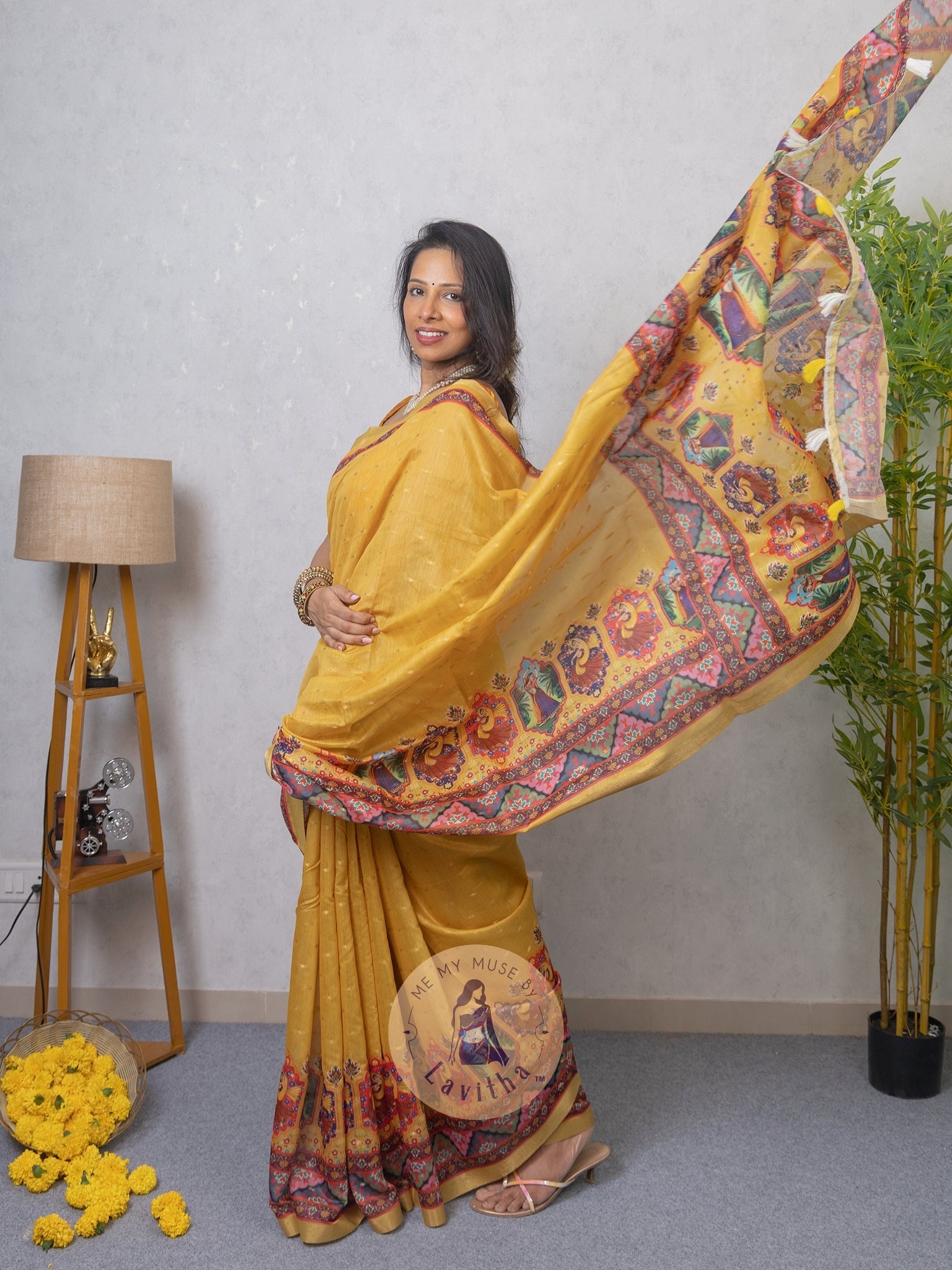 Our muse in a Mustard Yellow Chanderi Cotton saree with ready-to-wear Mustard Yellow Silk Butti Padded Blouse exclusively available on Me My Muse by Lavitha