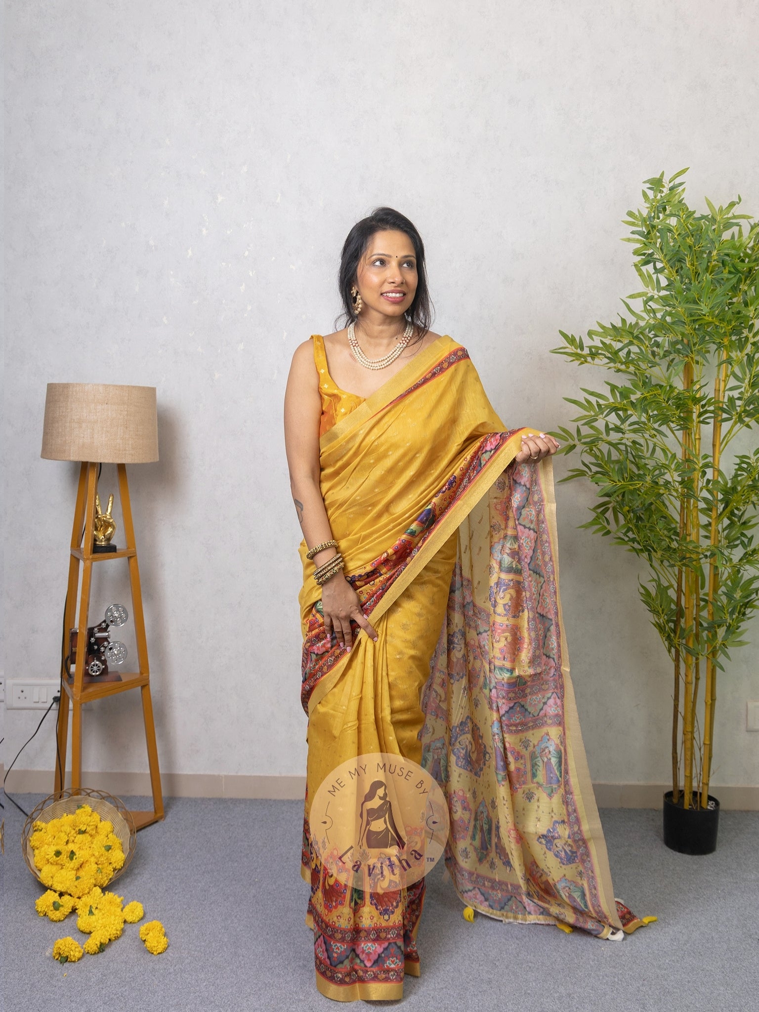 Our muse in a Mustard Yellow Chanderi Cotton saree with ready-to-wear Mustard Yellow Silk Butti Padded Blouse exclusively available on Me My Muse by Lavitha