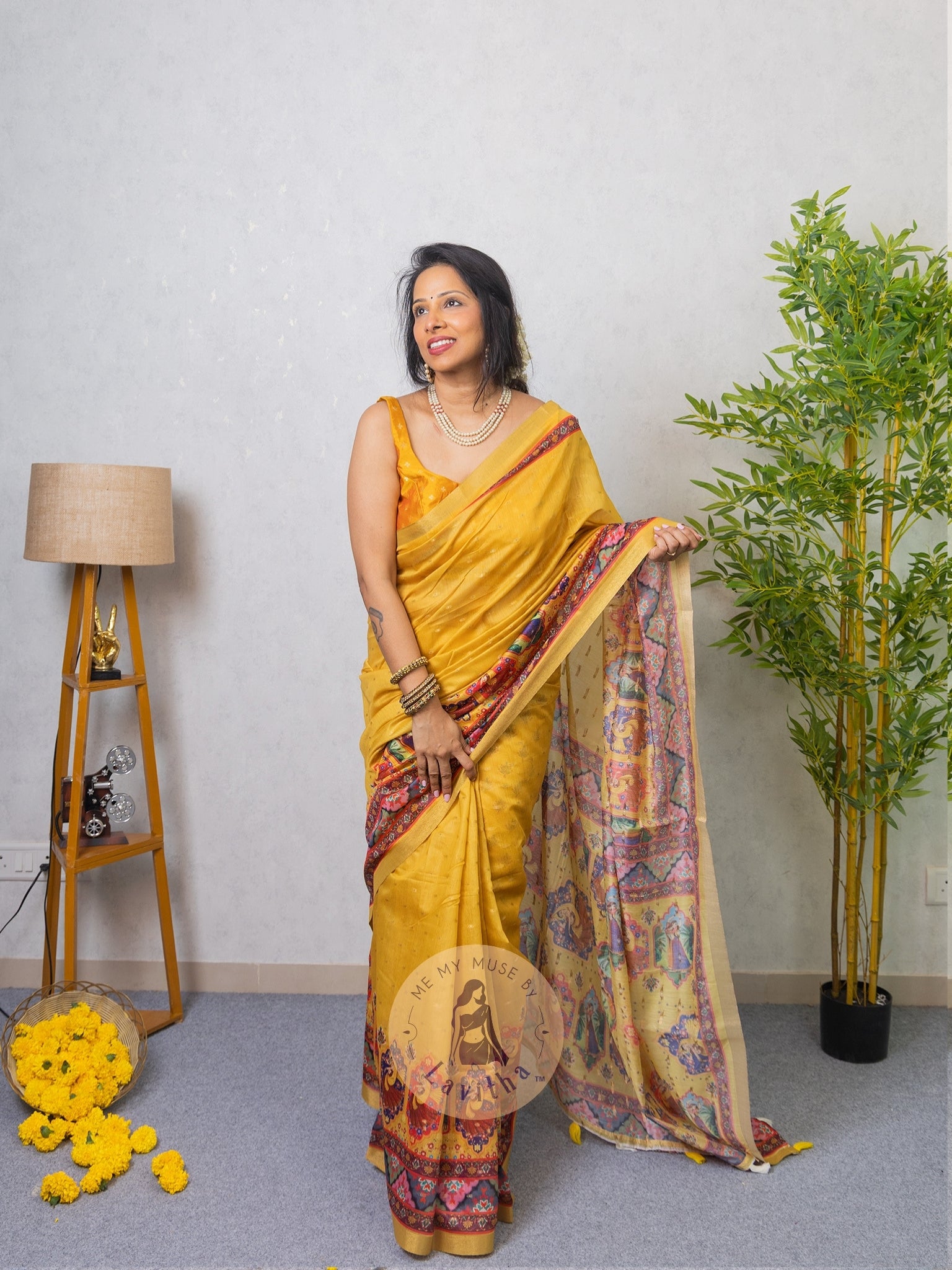 Our muse in a Mustard Yellow Chanderi Cotton saree with ready-to-wear Mustard Yellow Silk Butti Padded Blouse exclusively available on Me My Muse by Lavitha