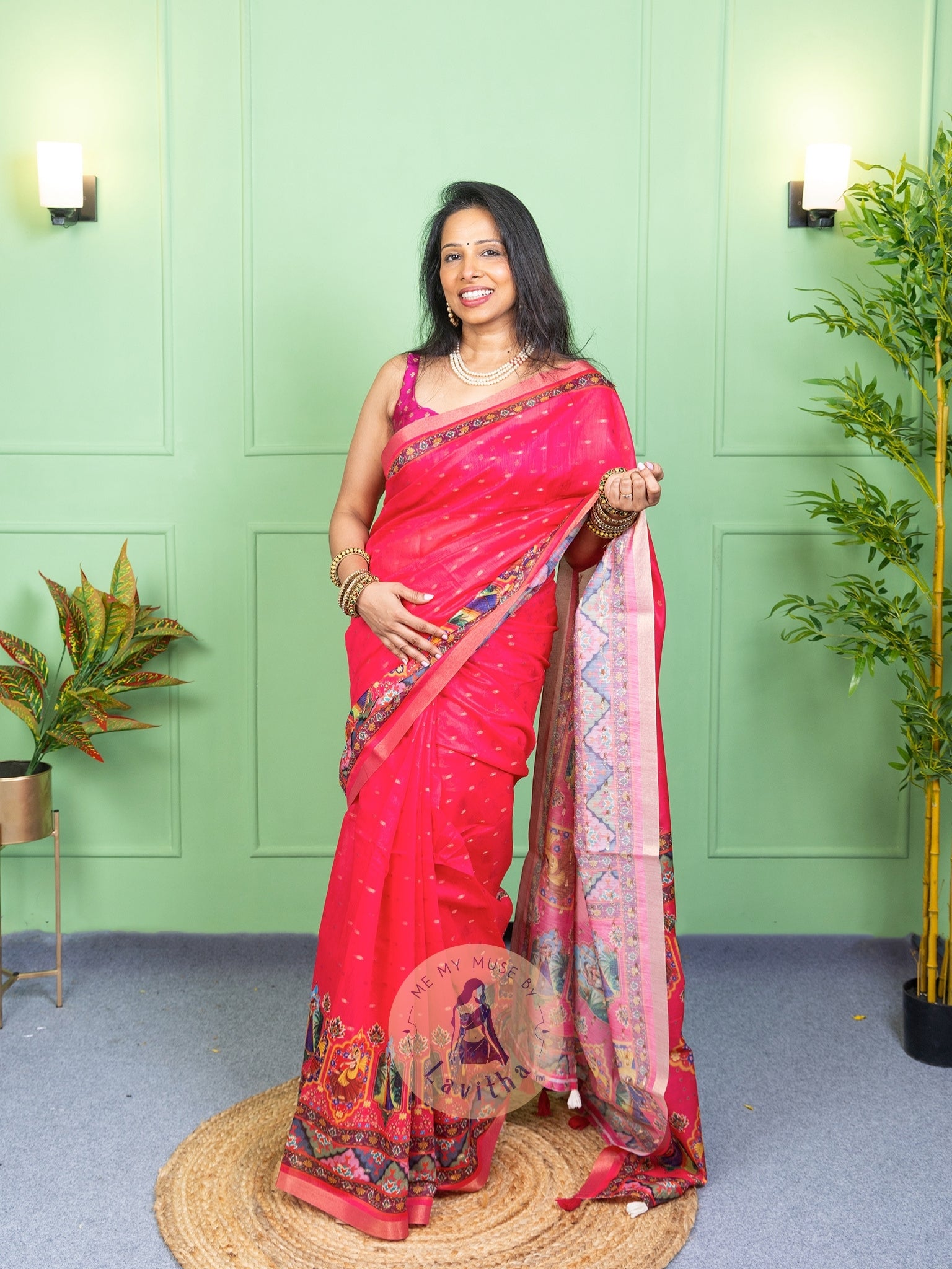 Our muse in a Pink Chanderi Cotton saree with ready-to-wear Pink Silk Butti Padded Blouse exclusively available on Me My Muse by Lavitha