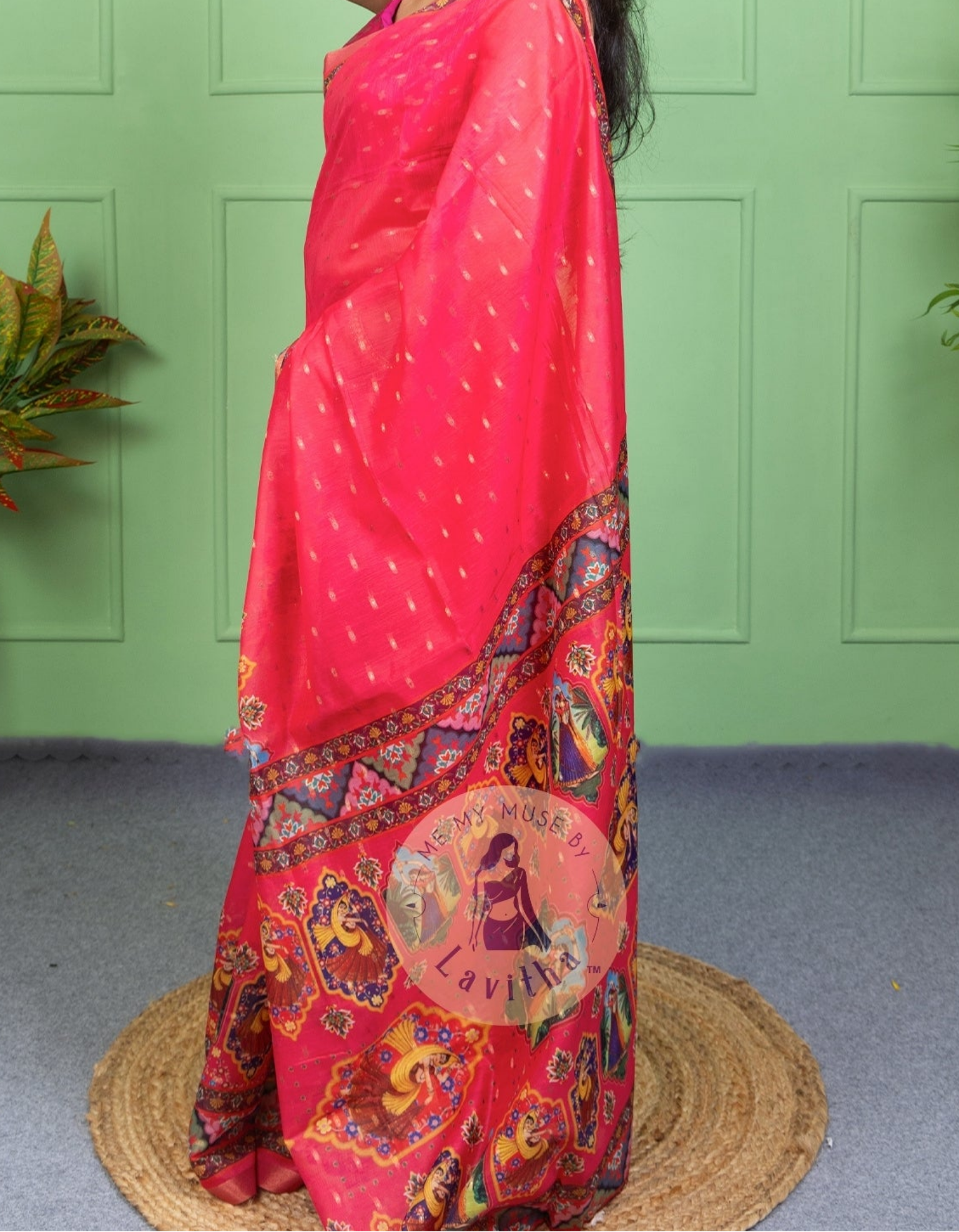 Our muse in a Pink Chanderi Cotton saree with ready-to-wear Pink Silk Butti Padded Blouse exclusively available on Me My Muse by Lavitha