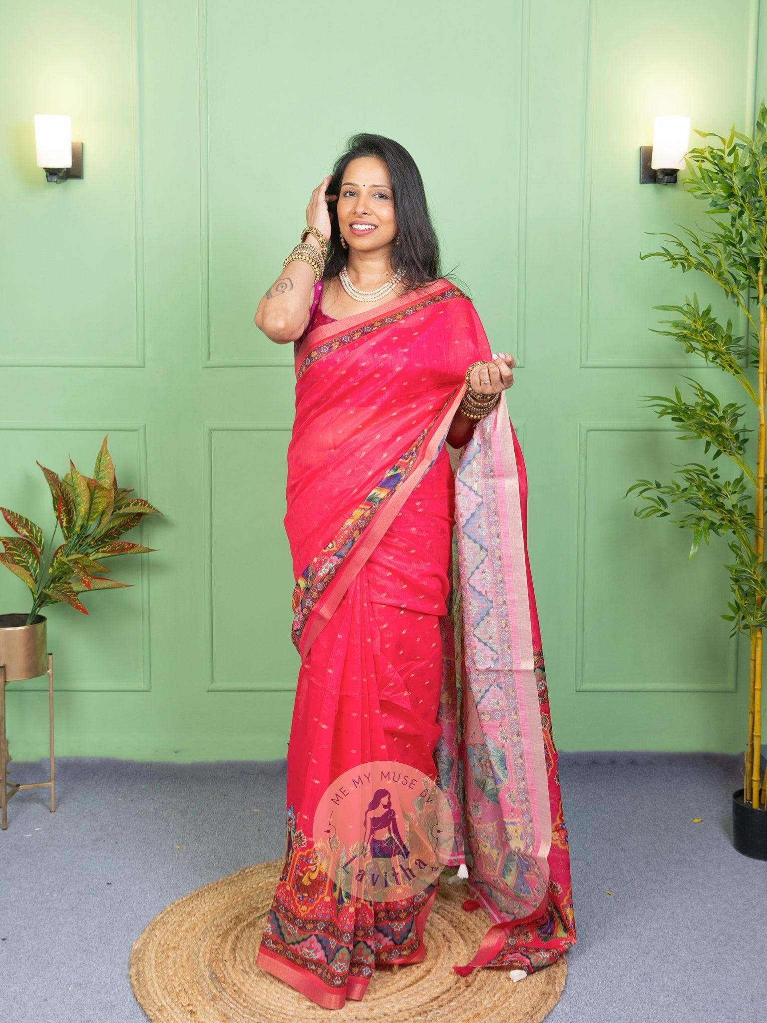 Our muse in a Pink Chanderi Cotton saree with ready-to-wear Pink Silk Butti Padded Blouse exclusively available on Me My Muse by Lavitha