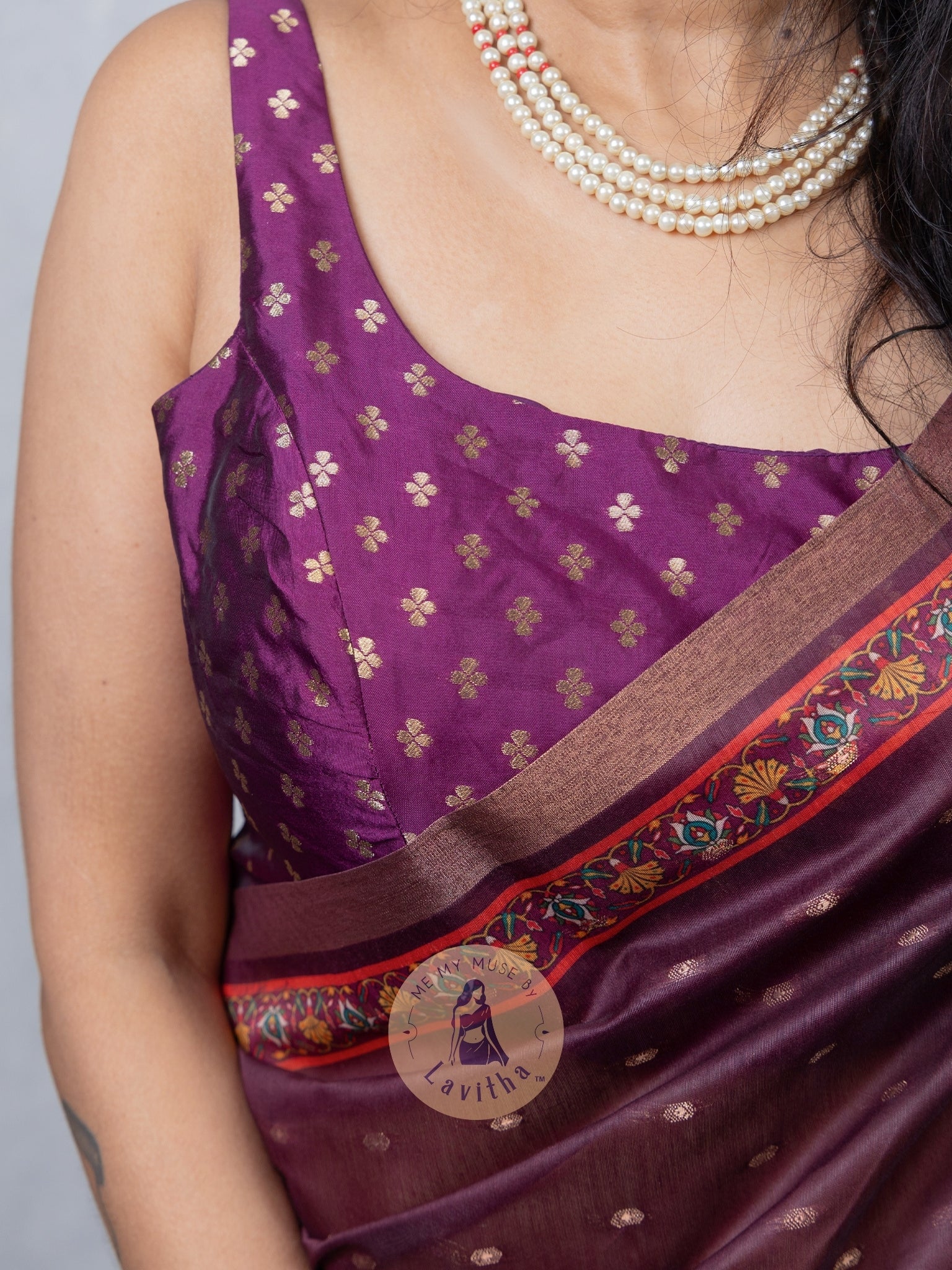 Our muse in a Purple Chanderi Cotton saree with ready-to-wear Purple Silk Butti Padded Blouse exclusively available on Me My Muse by Lavitha