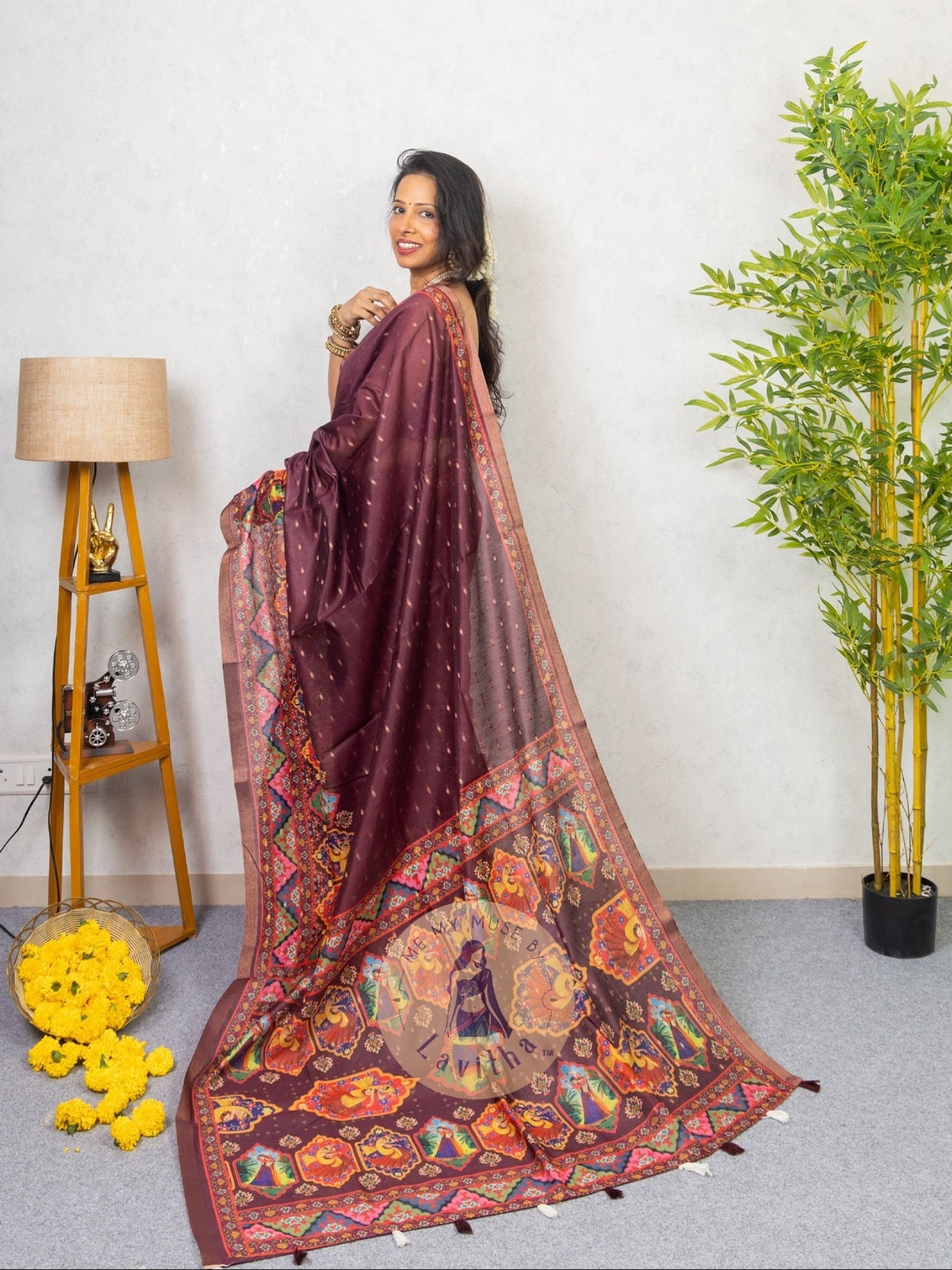 Our muse in a Purple Chanderi Cotton saree with ready-to-wear Purple Silk Butti Padded Blouse exclusively available on Me My Muse by Lavitha
