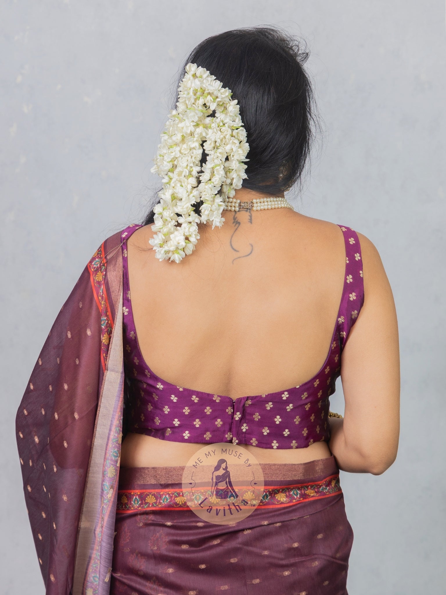 Our muse in a Purple Chanderi Cotton saree with ready-to-wear Purple Silk Butti Padded Blouse exclusively available on Me My Muse by Lavitha