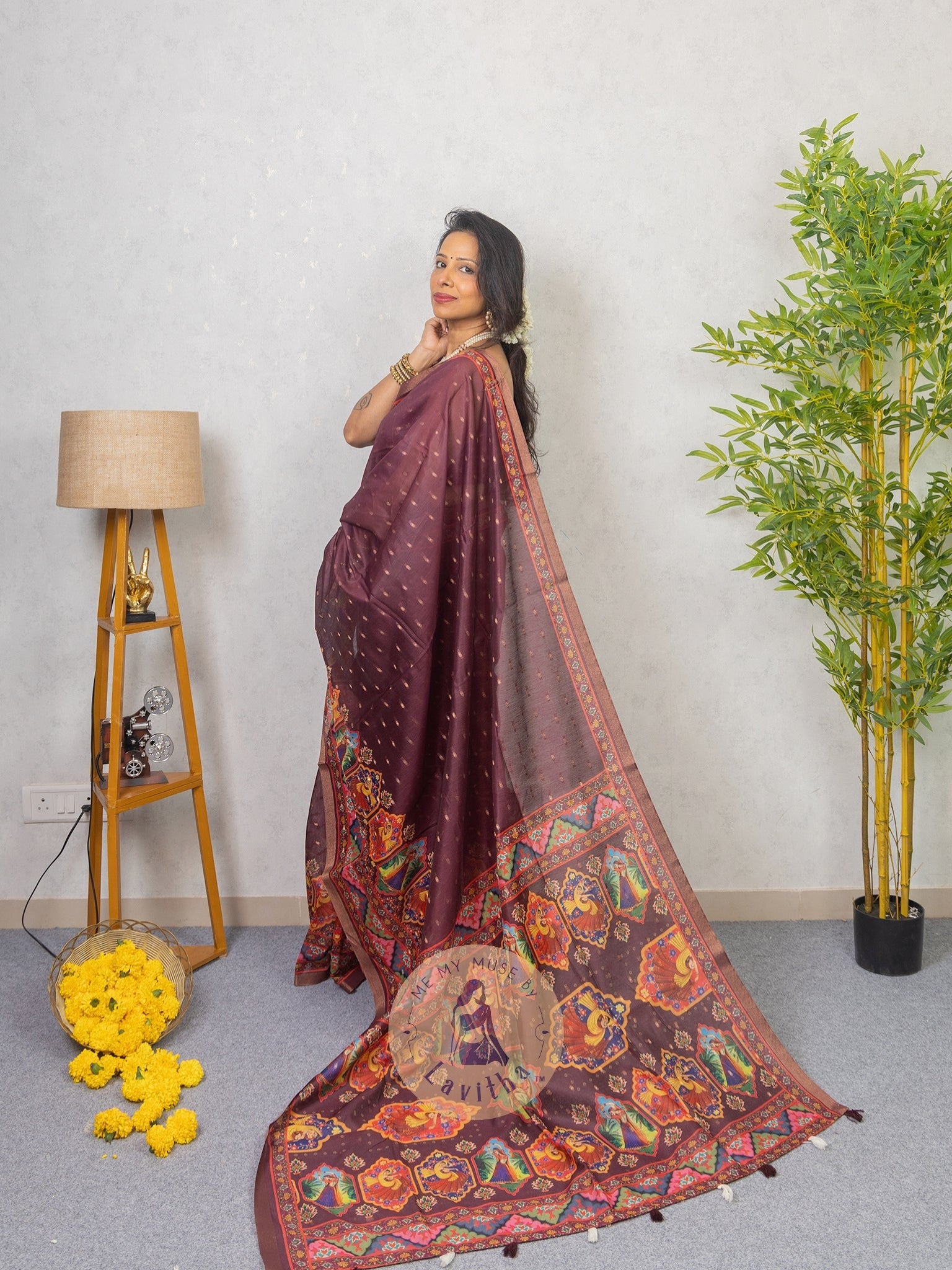 Our muse in a Purple Chanderi Cotton saree with ready-to-wear Purple Silk Butti Padded Blouse exclusively available on Me My Muse by Lavitha