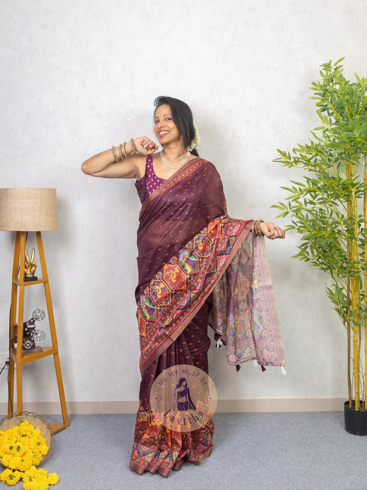 Our muse in a Purple Chanderi Cotton saree with ready-to-wear Purple Silk Butti Padded Blouse exclusively available on Me My Muse by Lavitha