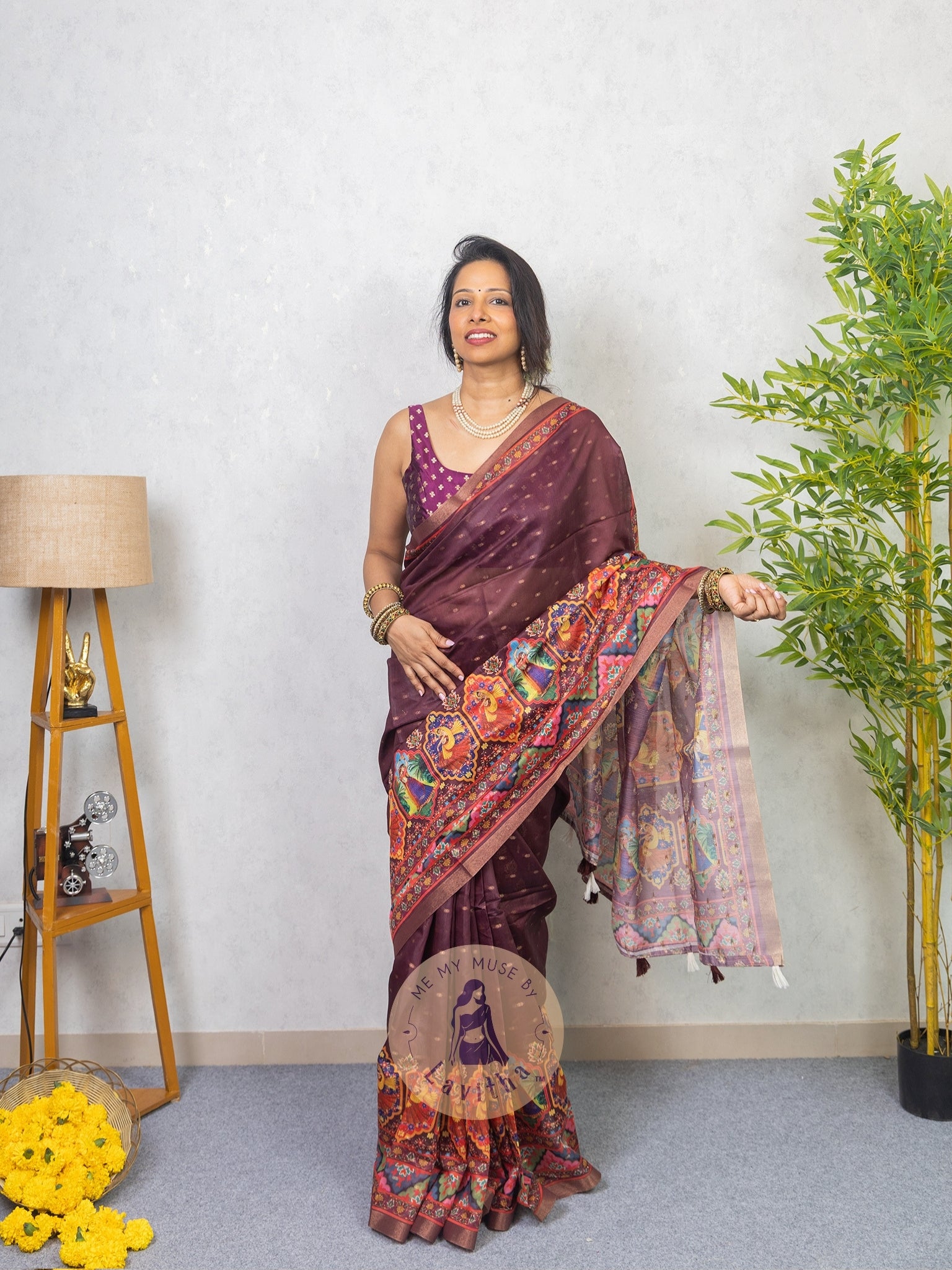 Our muse in a Purple Chanderi Cotton saree with ready-to-wear Purple Silk Butti Padded Blouse exclusively available on Me My Muse by Lavitha
