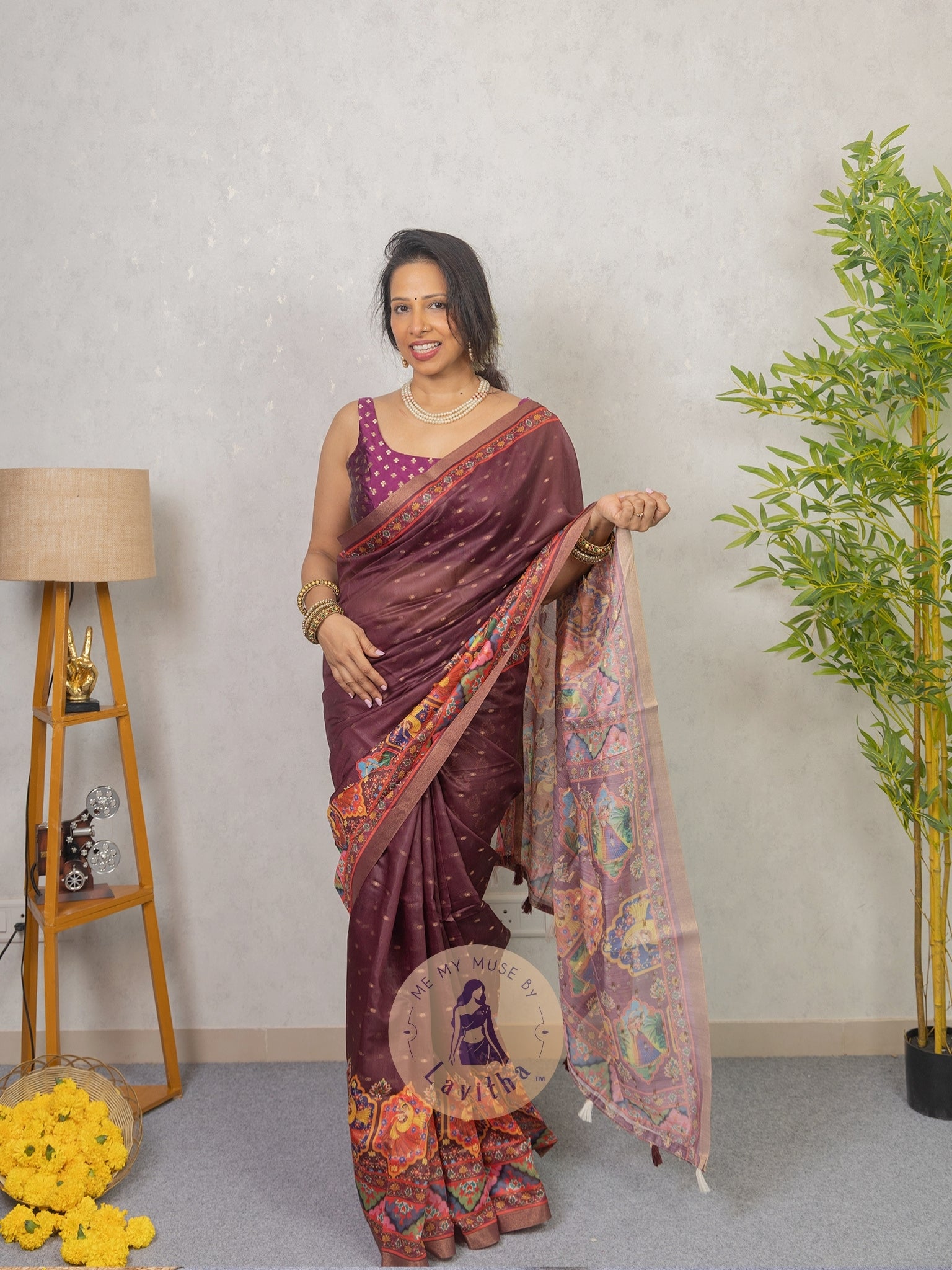 Our muse in a Purple Chanderi Cotton saree with ready-to-wear Purple Silk Butti Padded Blouse exclusively available on Me My Muse by Lavitha