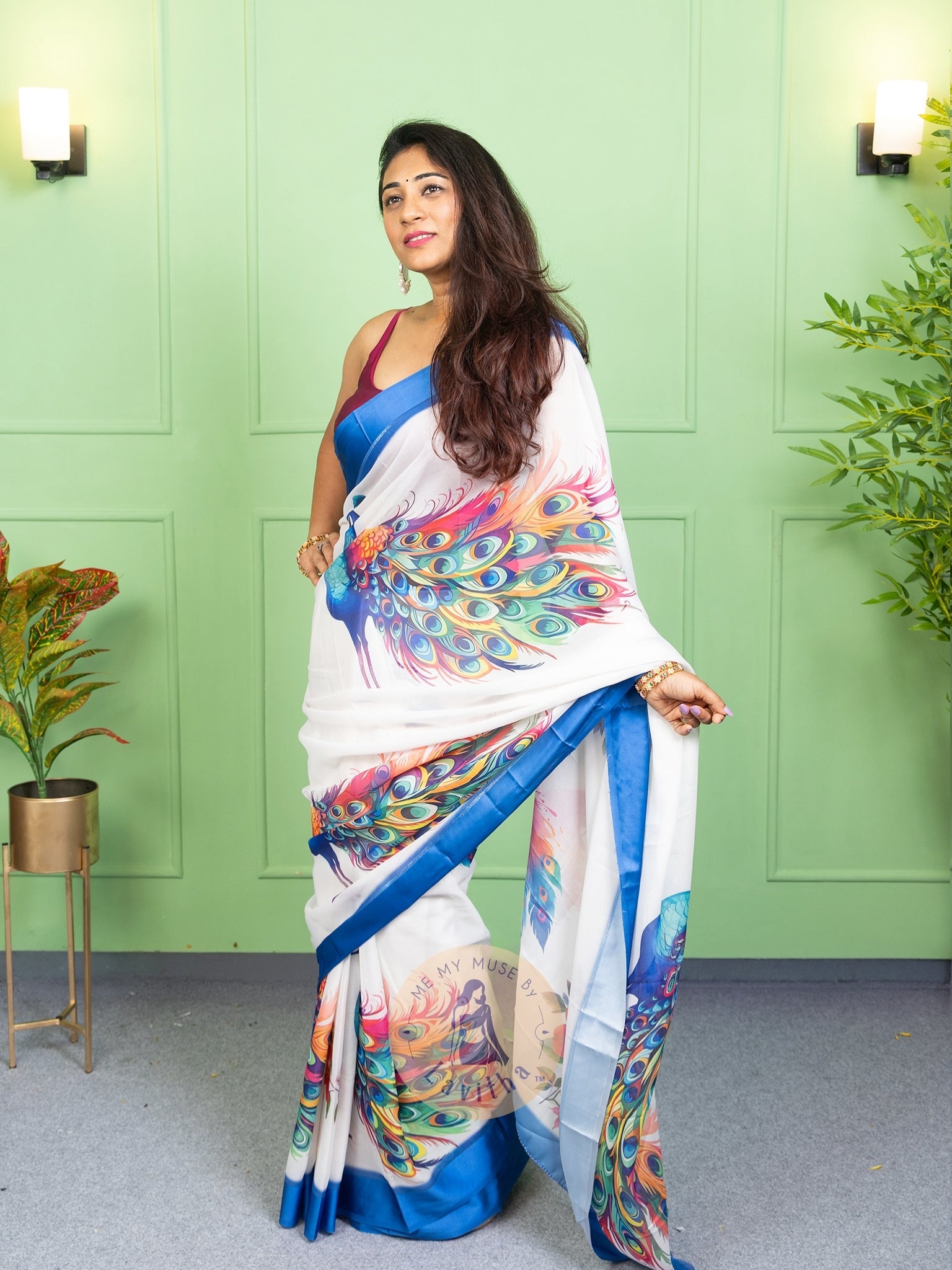 Our muse in a White peacock print chiffon saree with ready-to-wear silk padded blouse saree from Me My Muse by Lavitha
