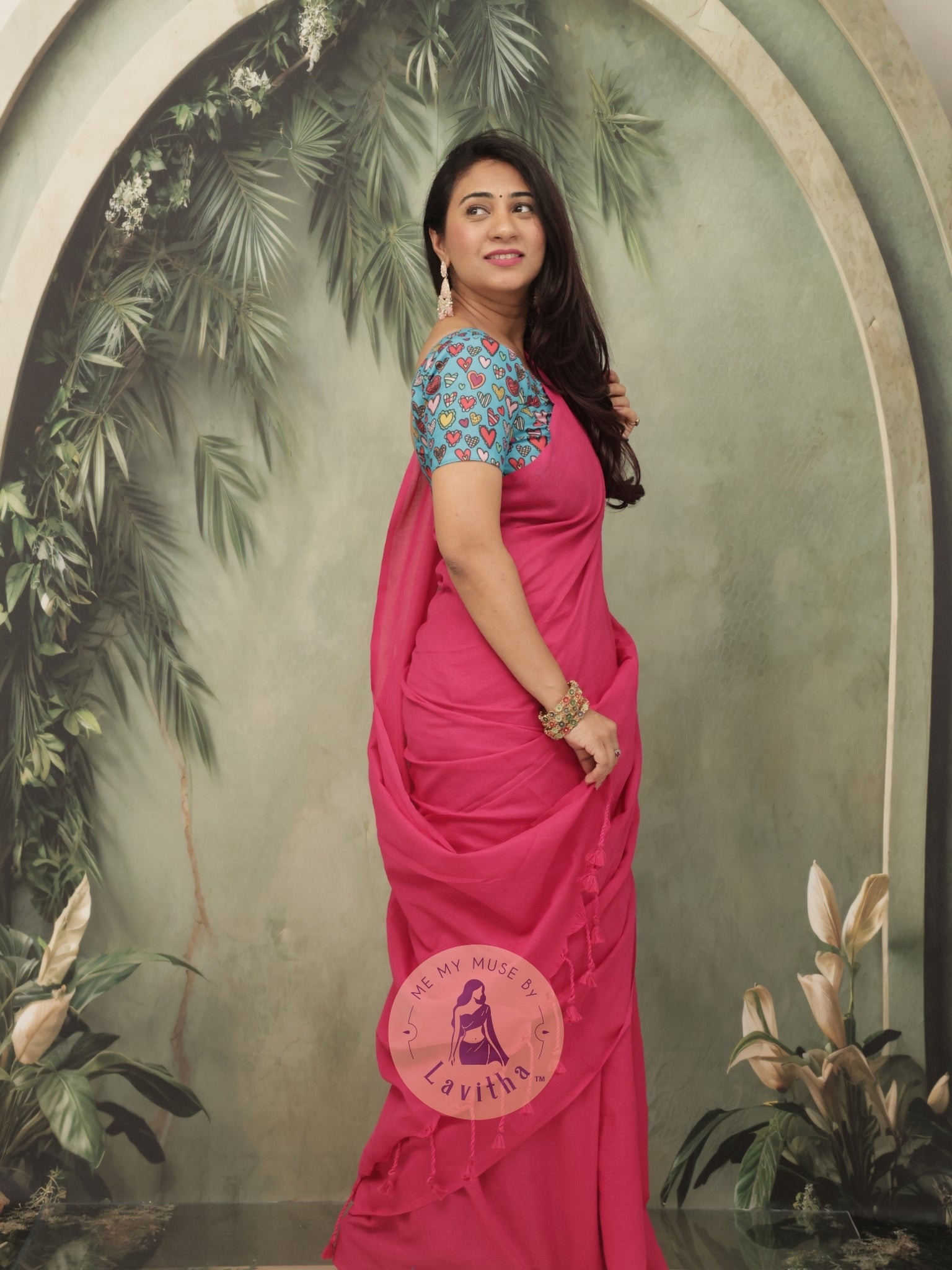 Saaqi Fuschia Pink Sheen Cotton Saree