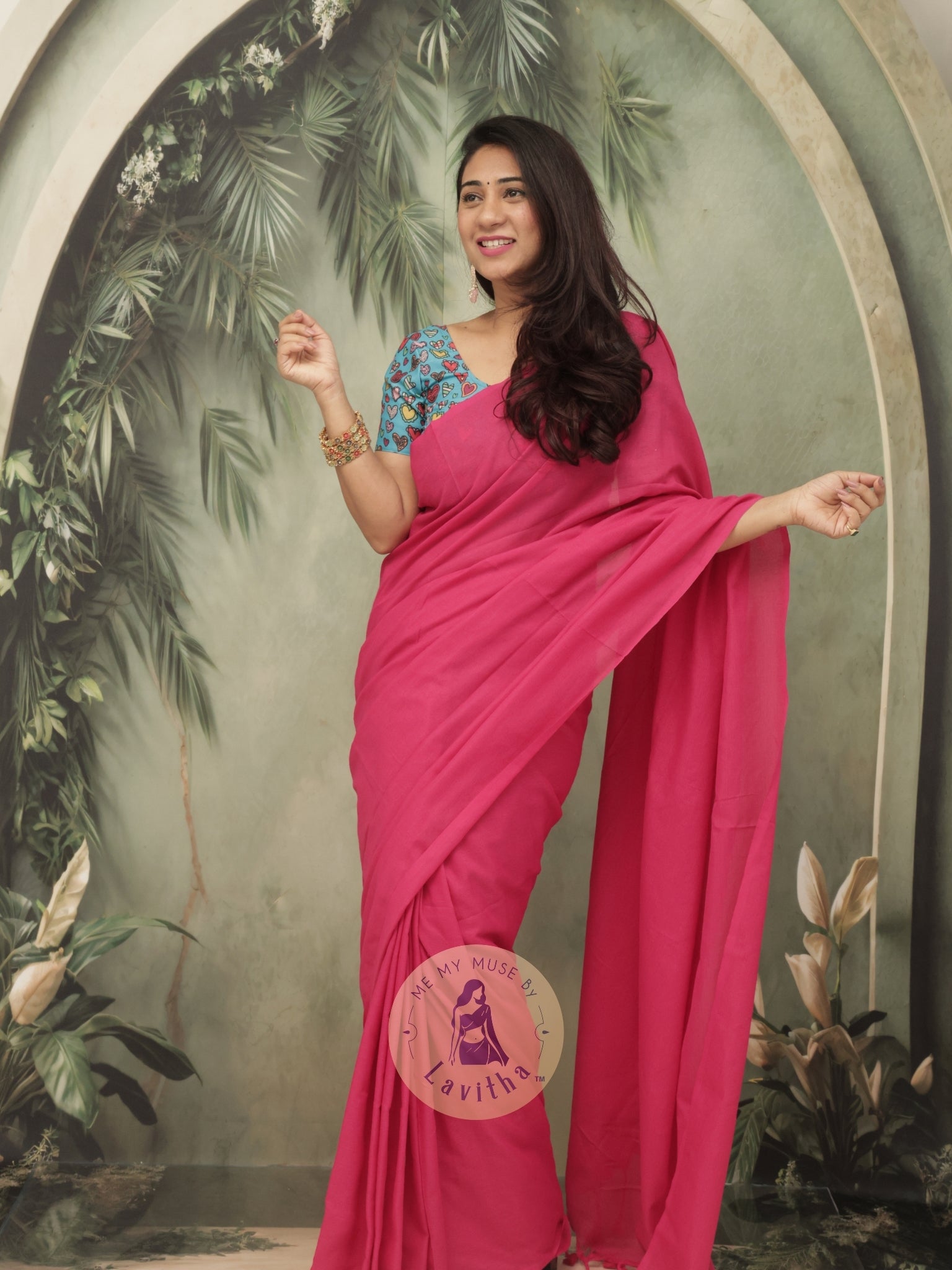 Saaqi Fuschia Pink Sheen Cotton Saree