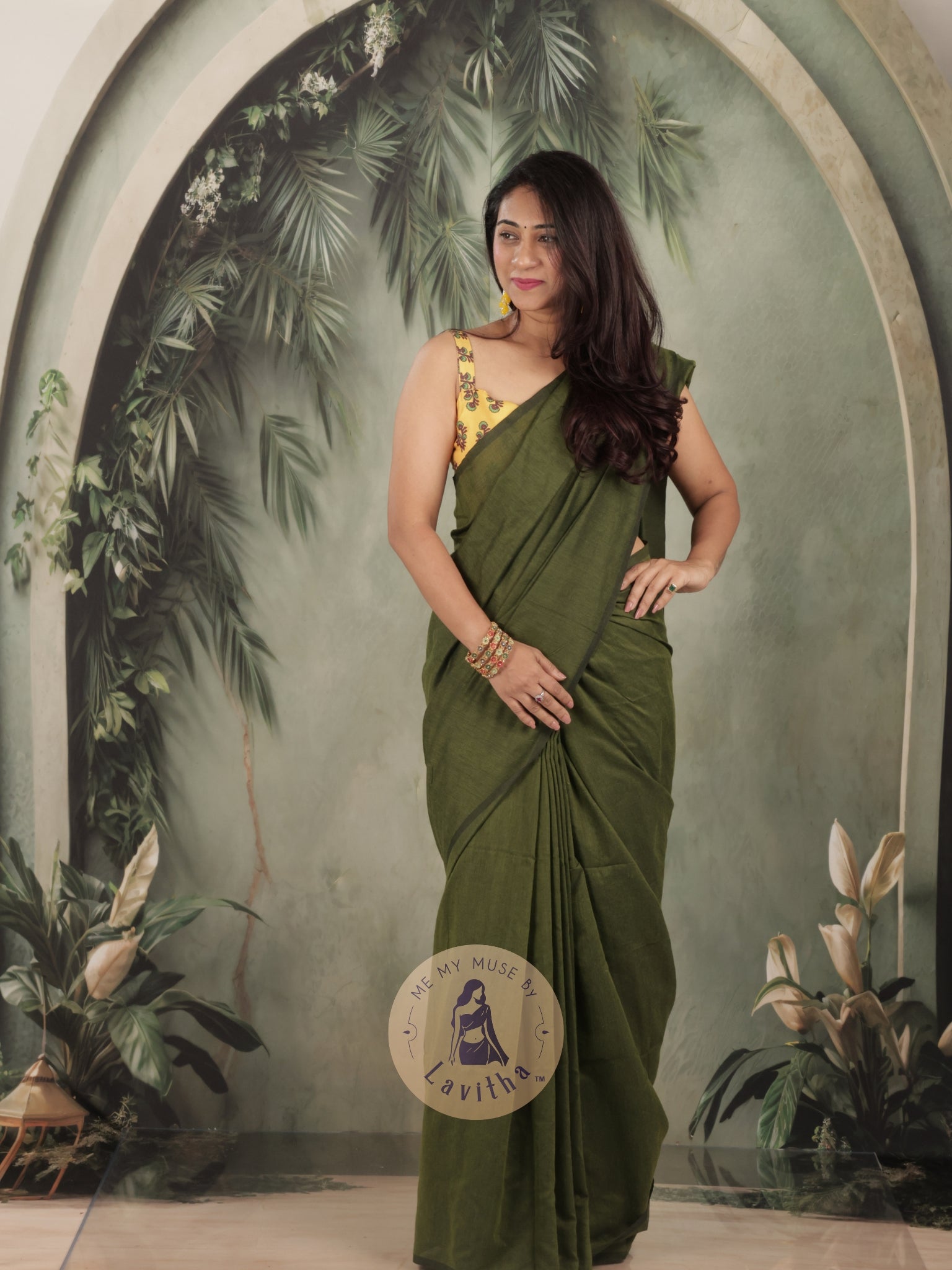 Saaqi Henna Green Sheen Cotton Saree
