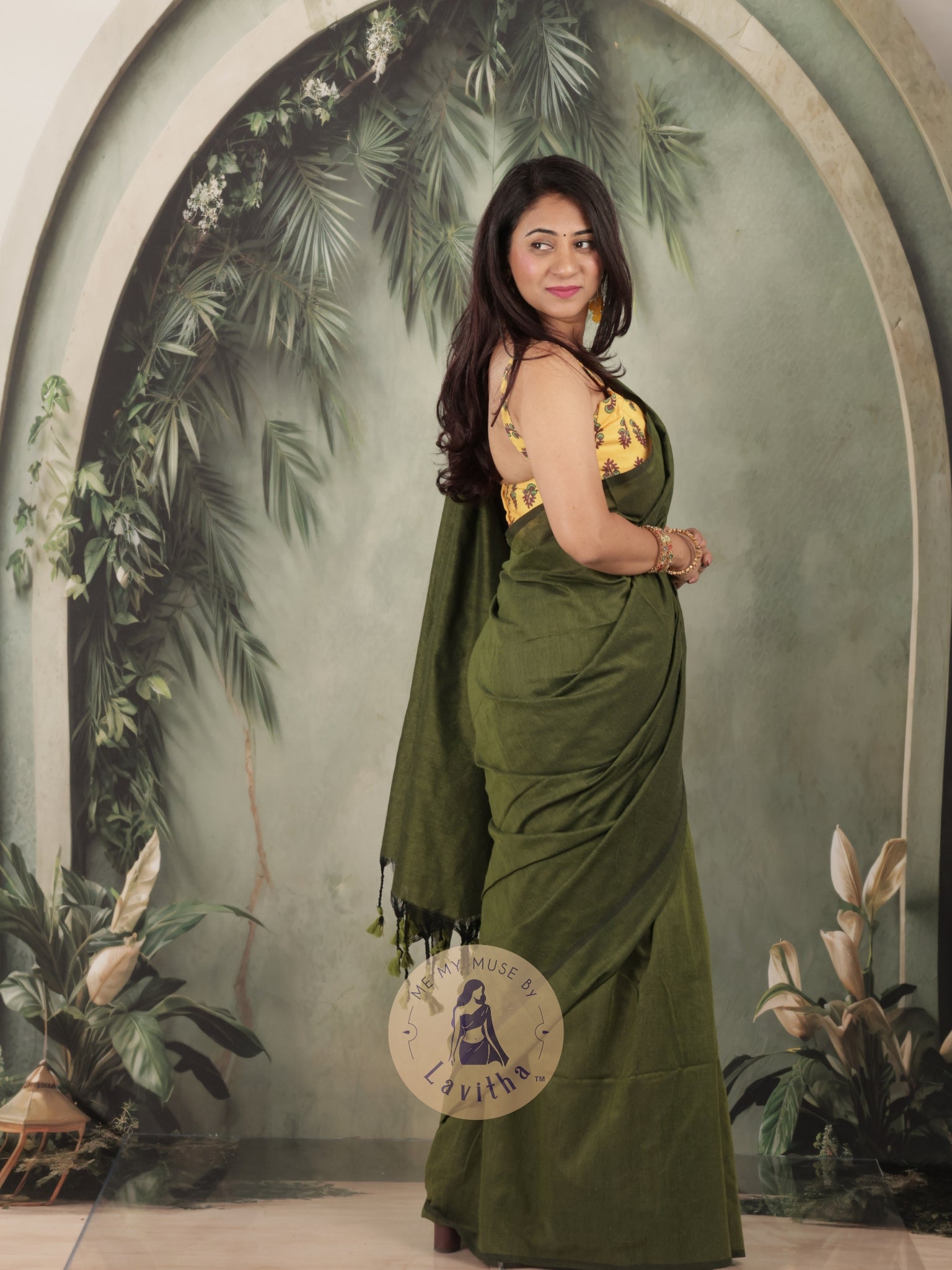 Saaqi Henna Green Sheen Cotton Saree
