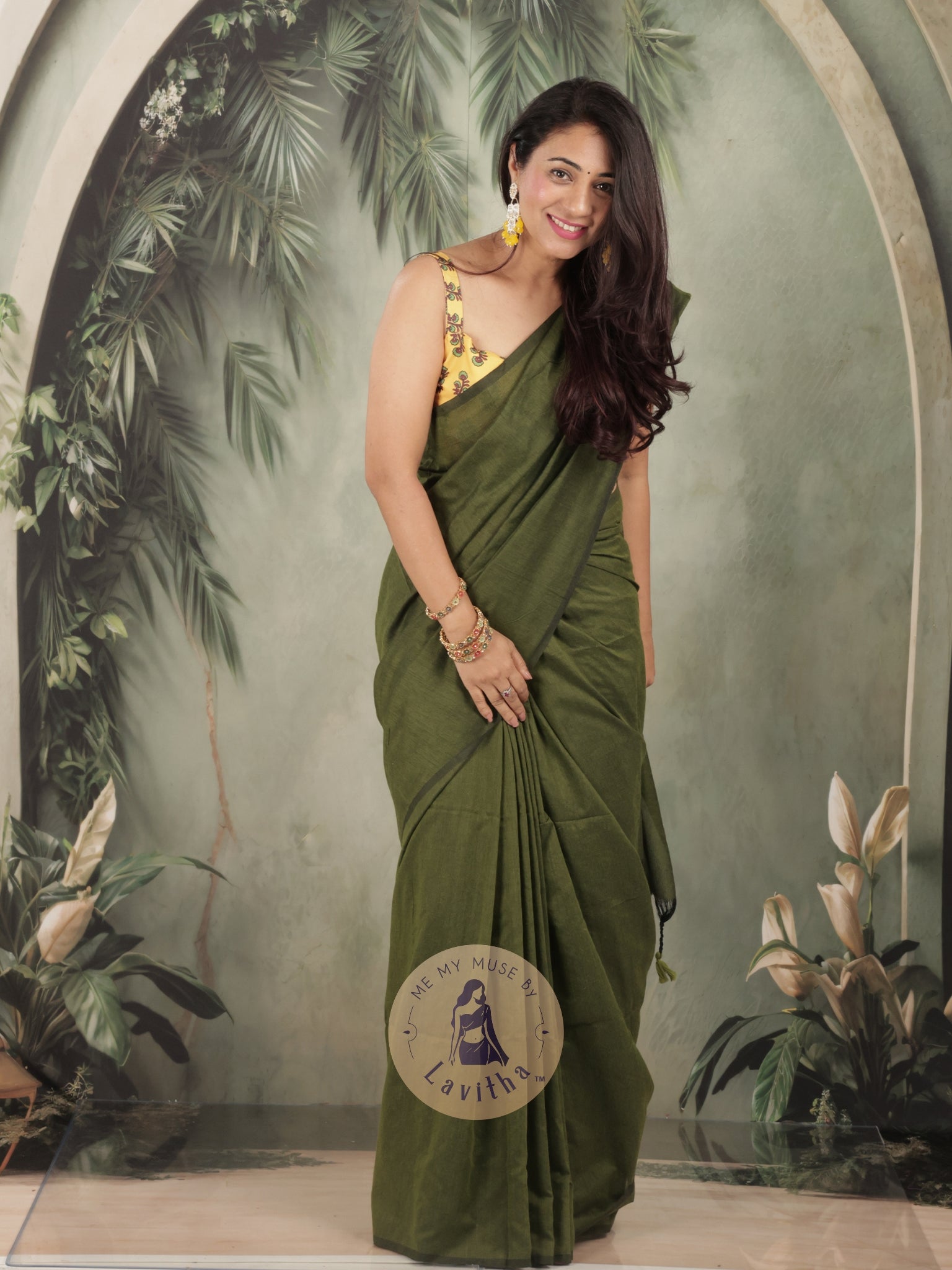 Saaqi Henna Green Sheen Cotton Saree