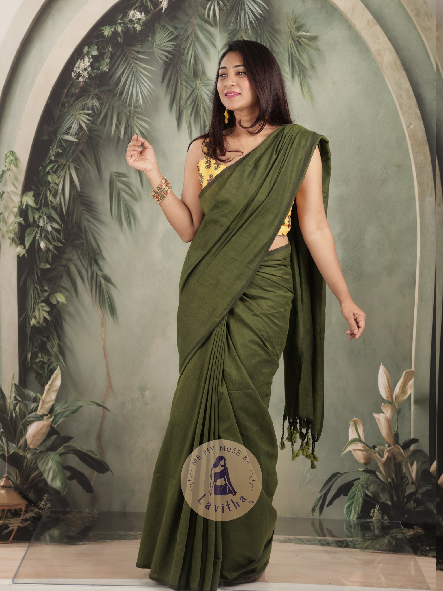 Saaqi Henna Green Sheen Cotton Saree