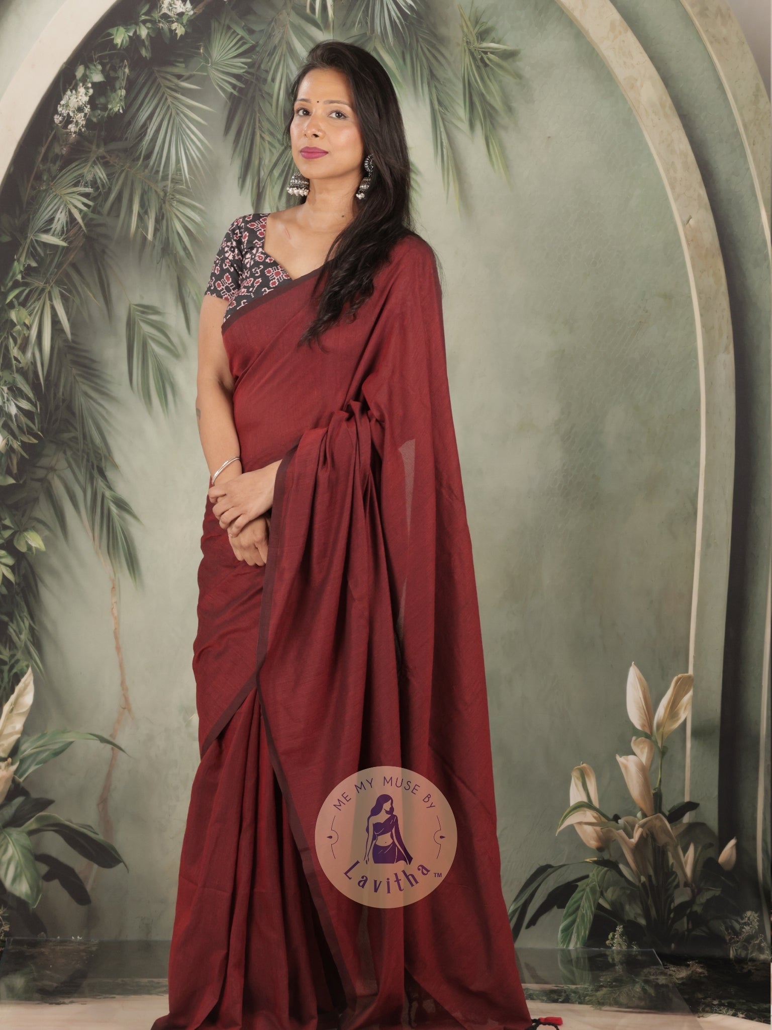 Saaqi Maroon Sheen Cotton Saree