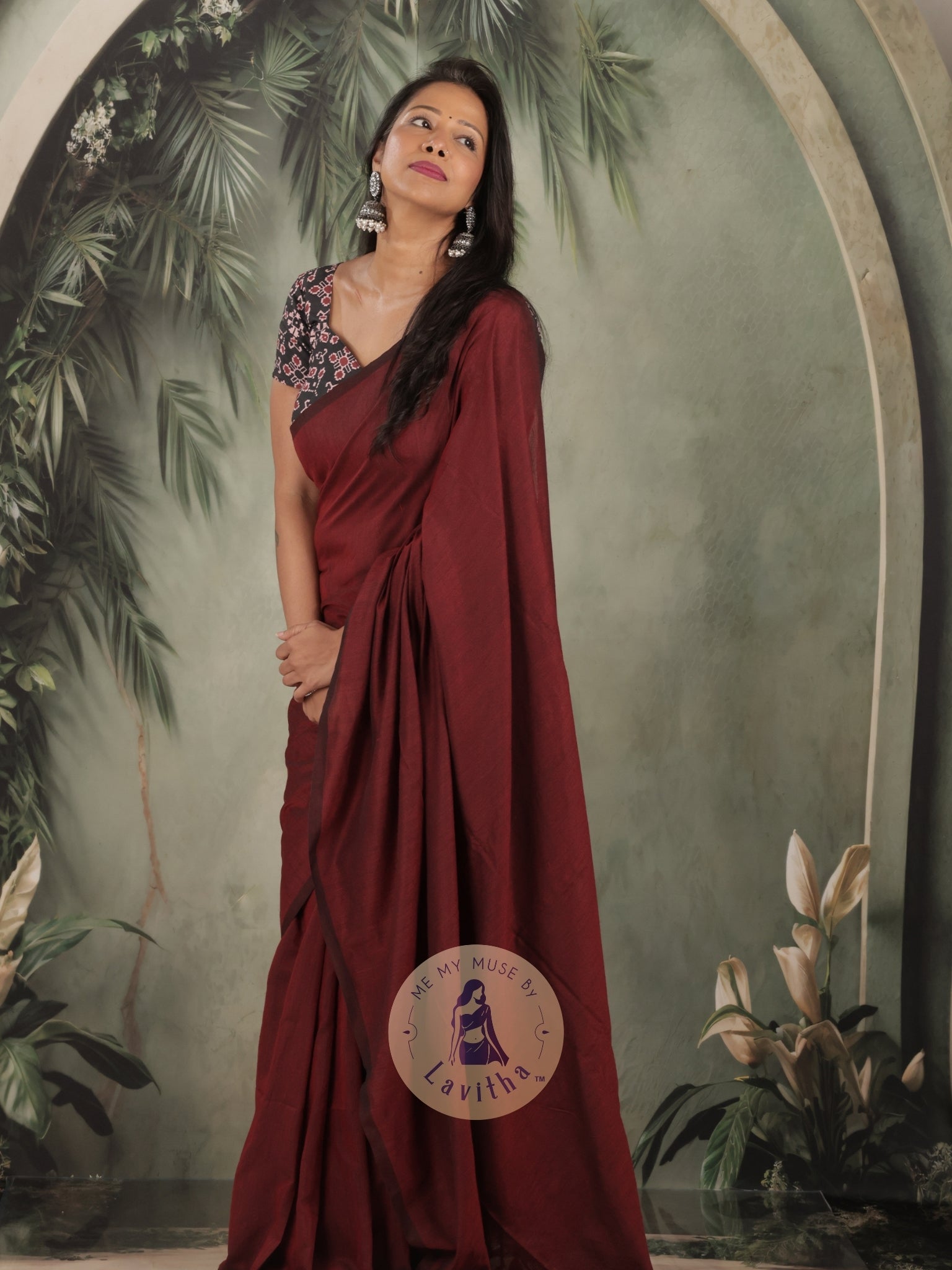 Saaqi Maroon Sheen Cotton Saree