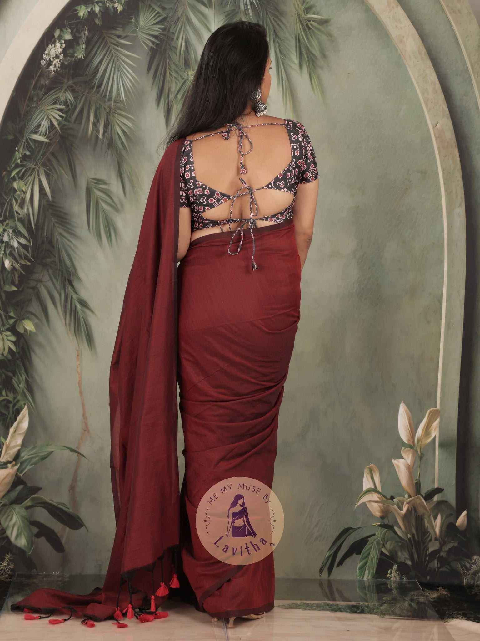 Saaqi Maroon Sheen Cotton Saree