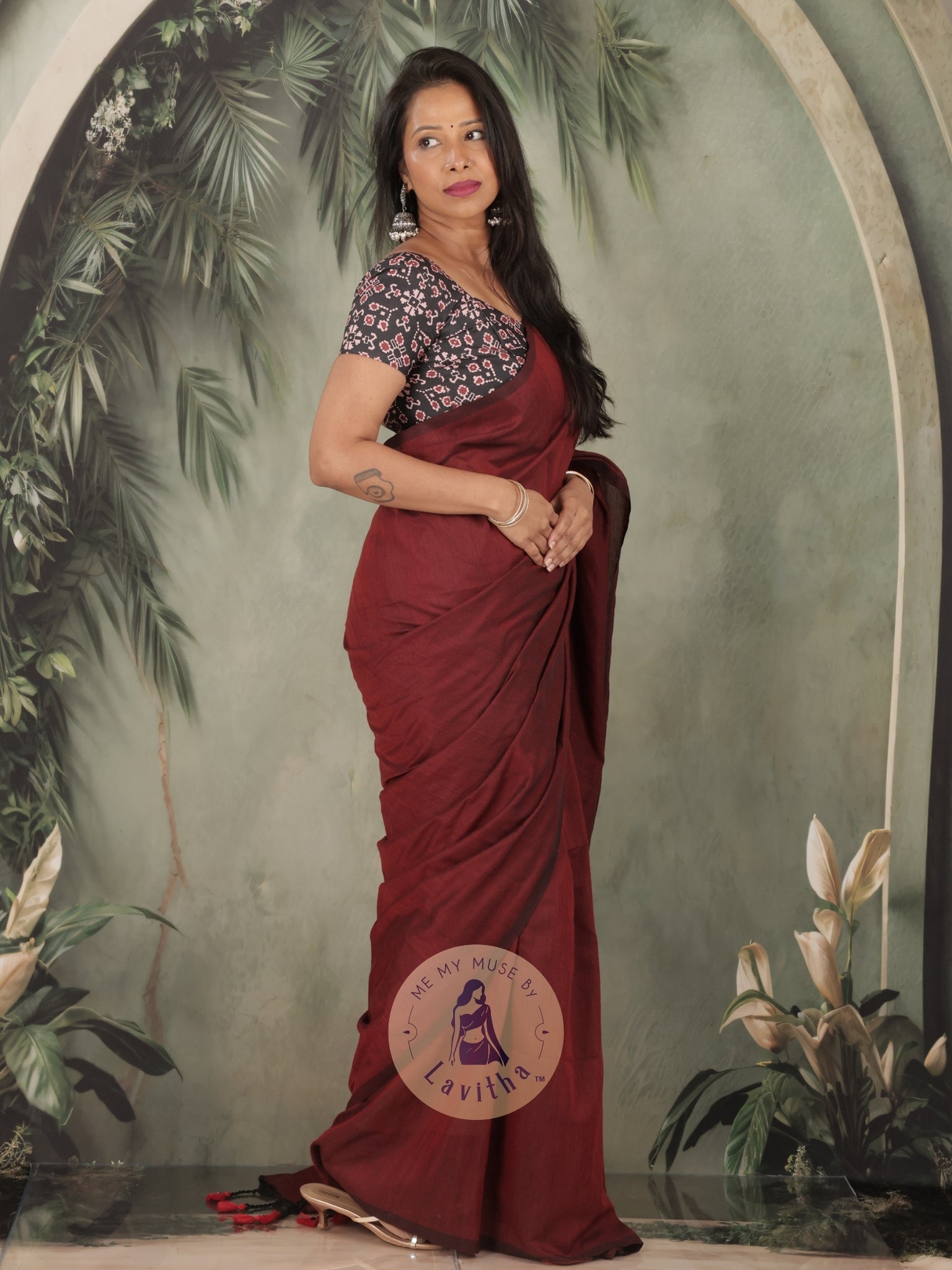 Saaqi Maroon Sheen Cotton Saree