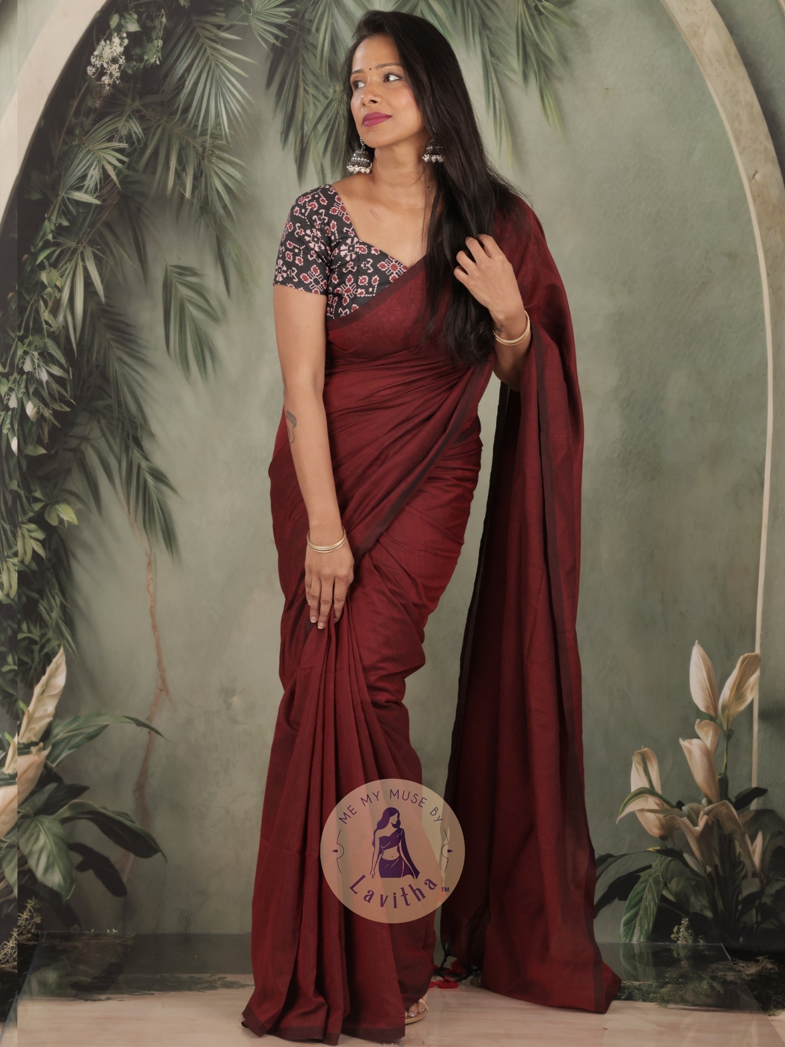 Saaqi Maroon Sheen Cotton Saree